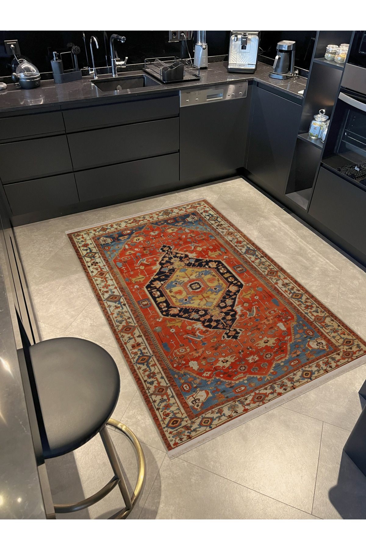 Turuncu Temalı Çok Renkli Geleneksel Motif Etnik Desenli Vintage Dekoratif Halı 2405