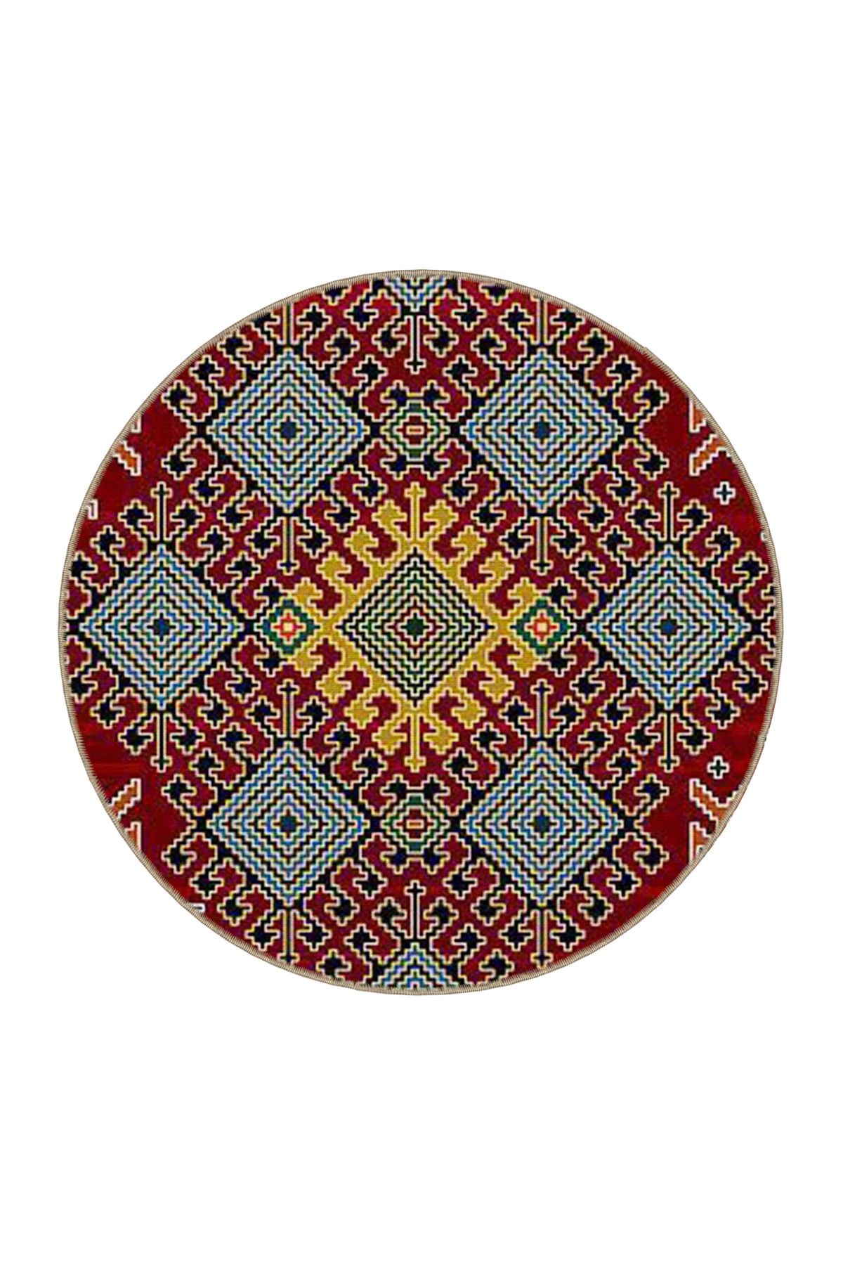 Etnik Dörtgen Desen Kırmızı Renklerde Dokuma Taban Halı 4276