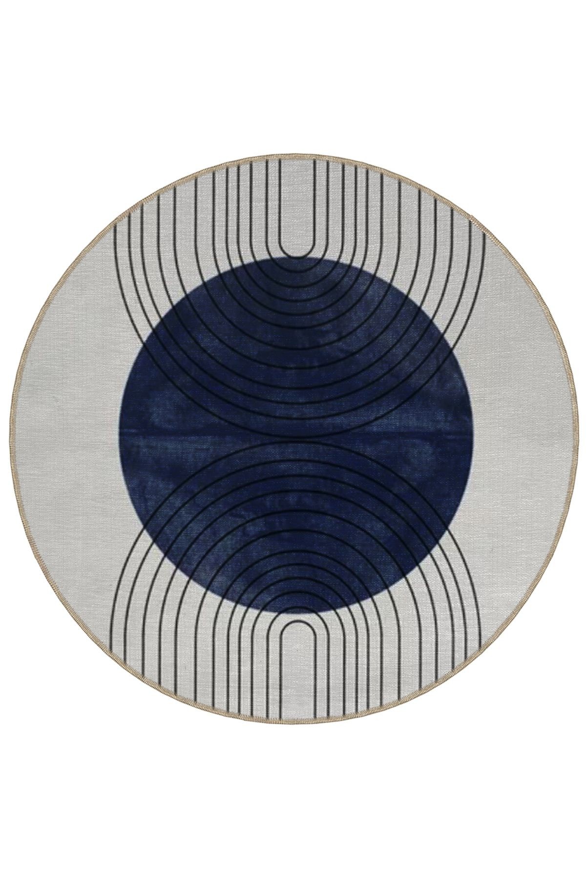 Mavi Gri Temalı Geometrik Daire ve Çizgili Desenli Yuvarlak Dokuma Taban Modern Dekoratif Halı 6026