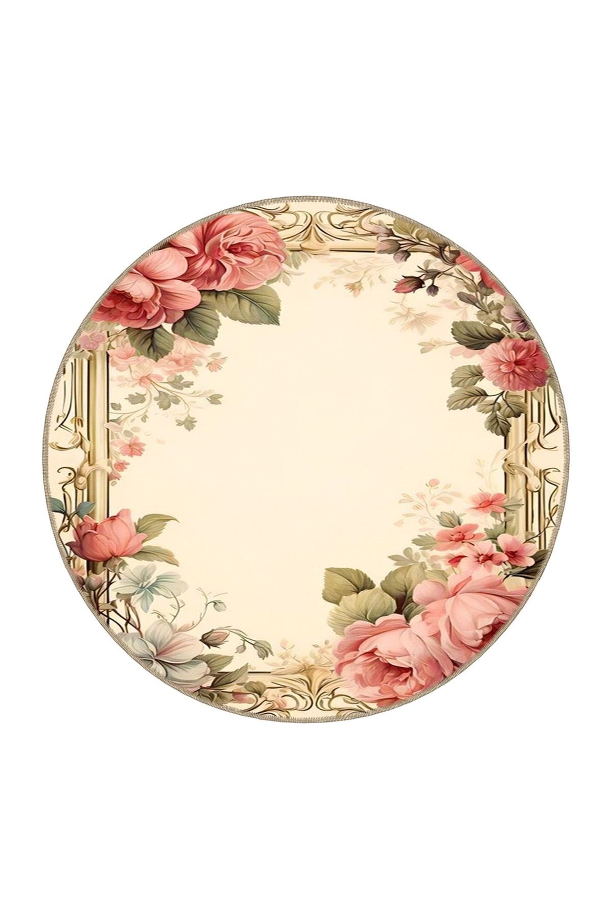Bej Temalı Yaprak ve Floral Çiçek Gül Desenli Modern Dekoratif Halı 3641