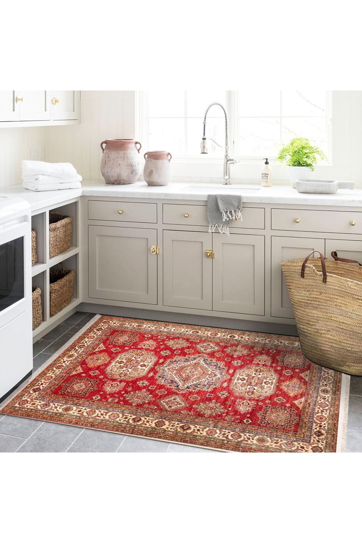 İnci Koleksiyonu Bej Bordür Detaylı Kırmızı Etnik Desenli Dokuma Taban Modern Dekoratif Halı inci45