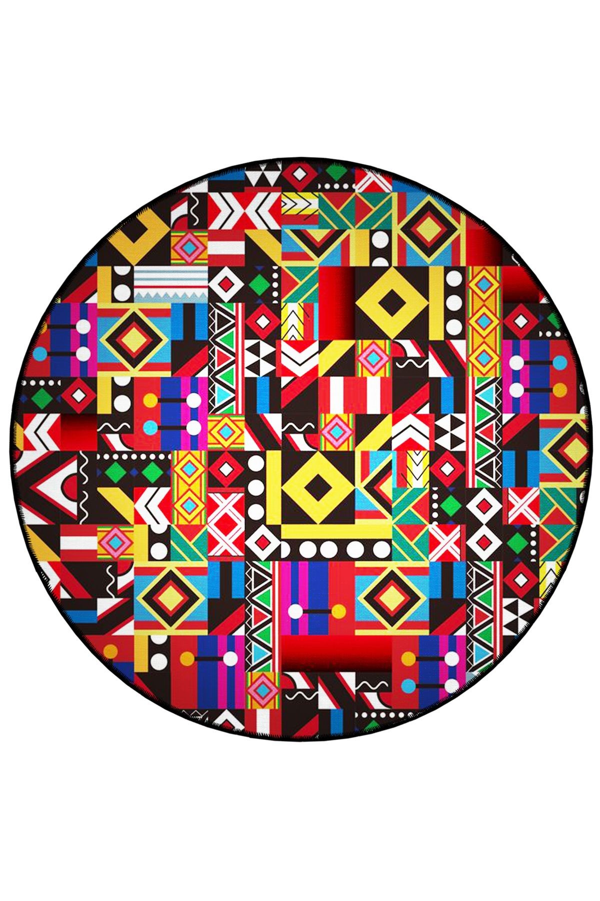 Mira Yuvarlak Çok Renkli Geometrik Şekiller Detaylı Dokuma Taban Modern Dekoratif Halı 5782