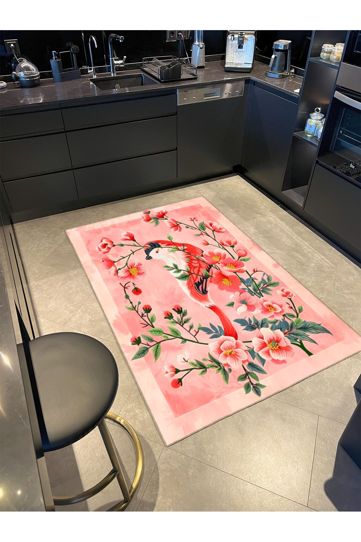 Paris Koleksiyonu Pembe Temalı Çiçek Sarmaşık ve Kuş Desenli Modern Dekoratif Halı 141