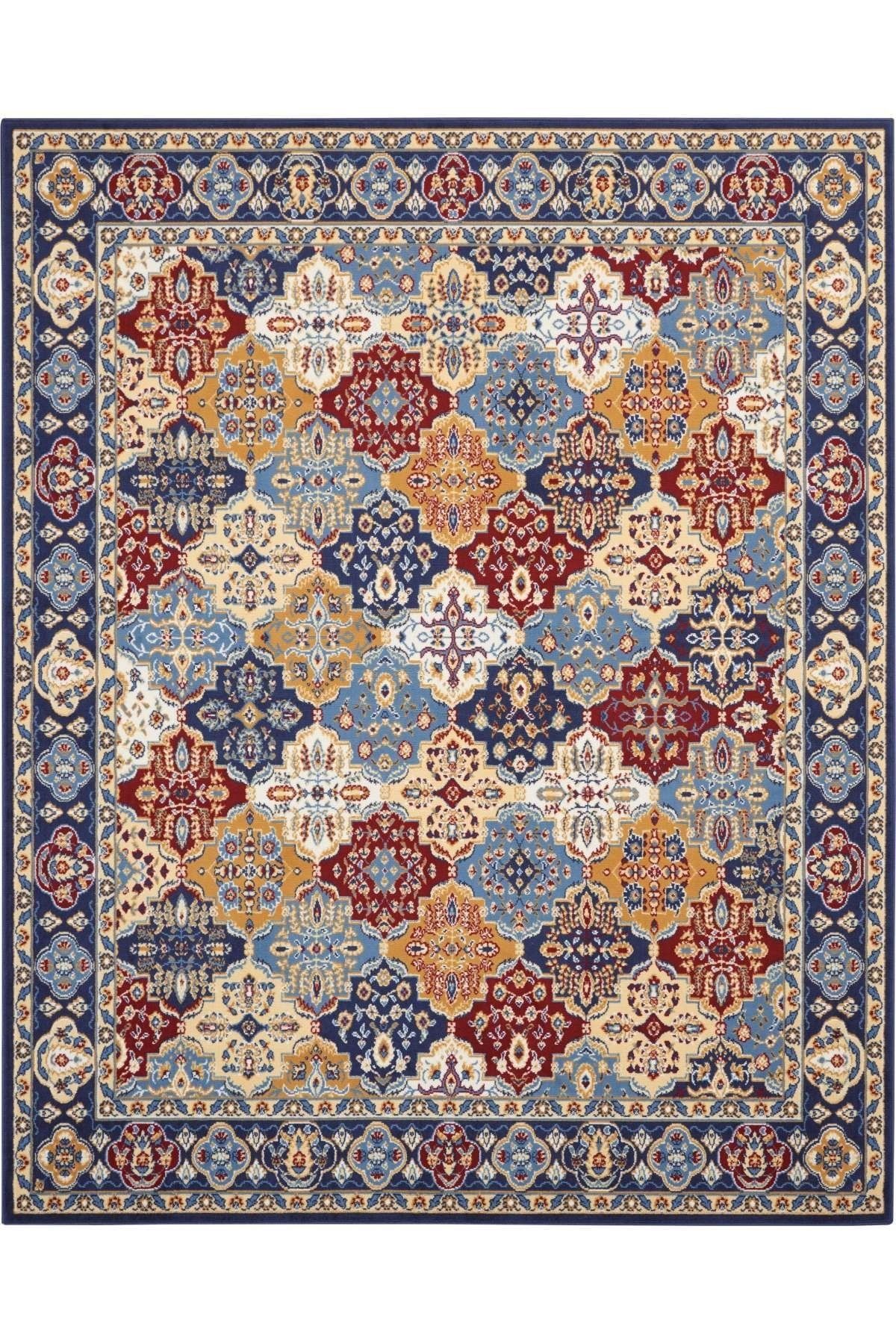 Vintage Mavi Bordo Sarı Etnik Desenli Dokuma Taban Dijital Baskılı Halı Mira 1386