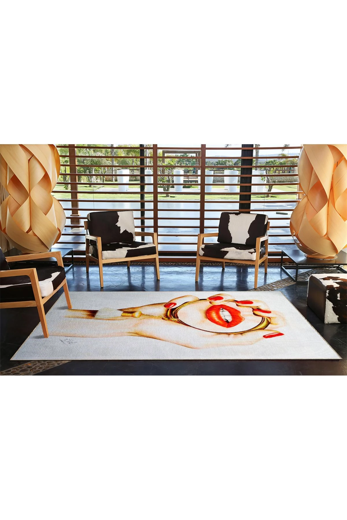 Bej Kırmızı Temalı El ve Dudak Desenli Kreatif Modern Dekoratif Halı 3650