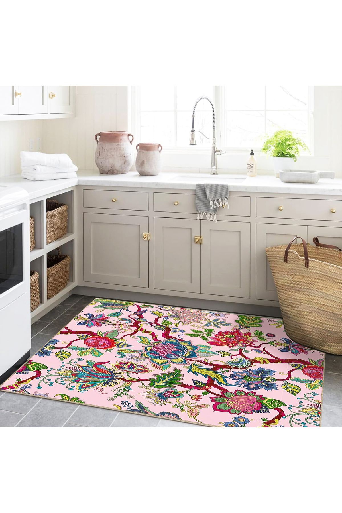 Tuğrul Koleksiyonu Pembe Temalı Sarmaşık ve Çiçekler Desenli Dokuma Taban Modern Dekoratif Halı 35