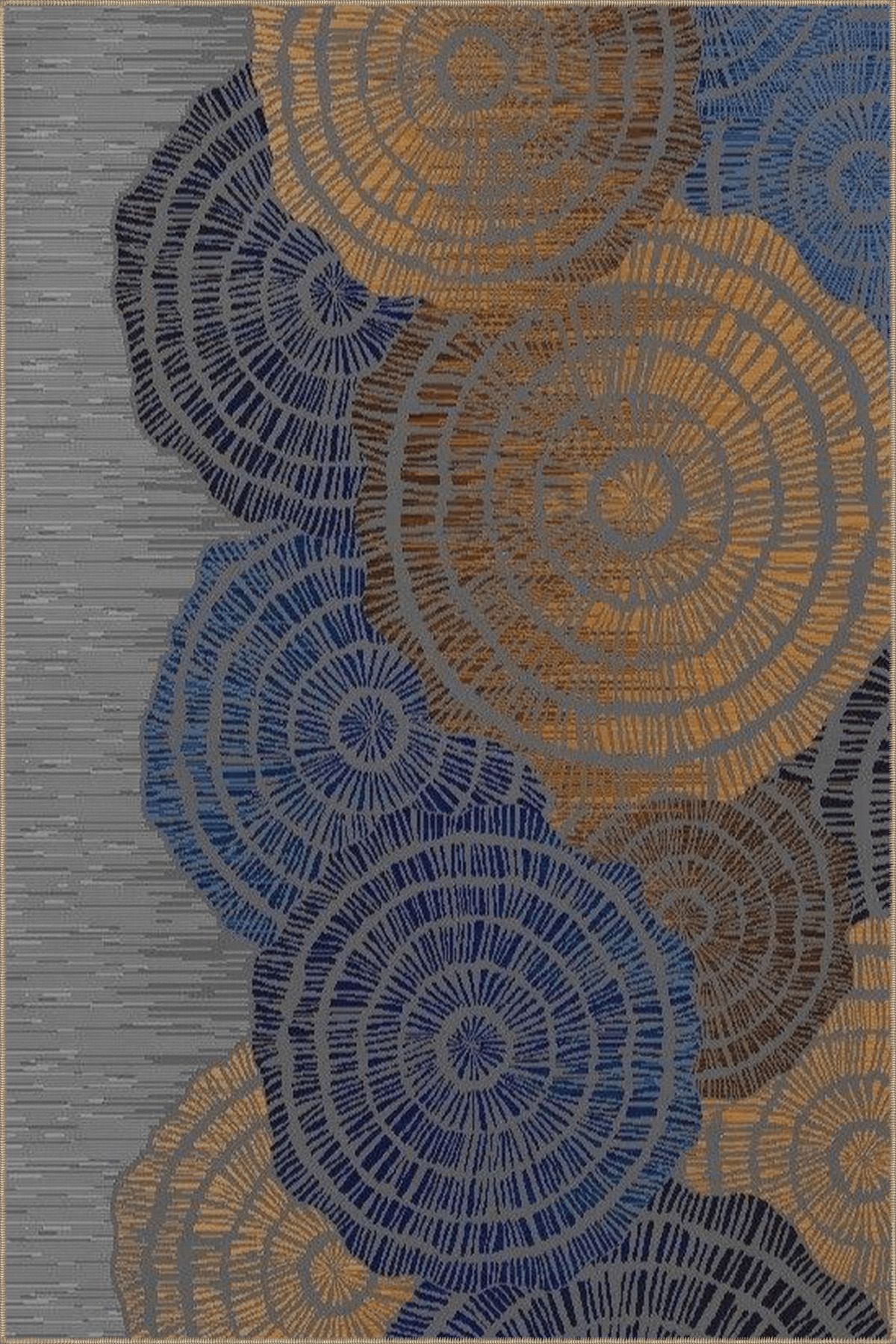 Gri Mavi Temalı Soyut Daire Desenli Kreatif Modern Dekoratif Halı 4904