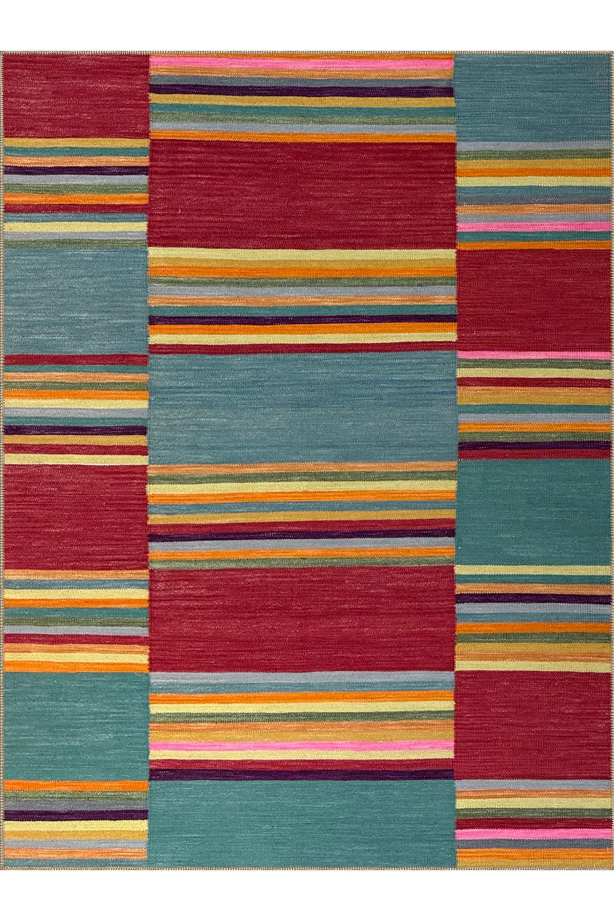 Emre Koleksiyonu Çok Renkli Çizgili Geometrik Desenli Dokuma Taban Modern Dekoratif Halı 12