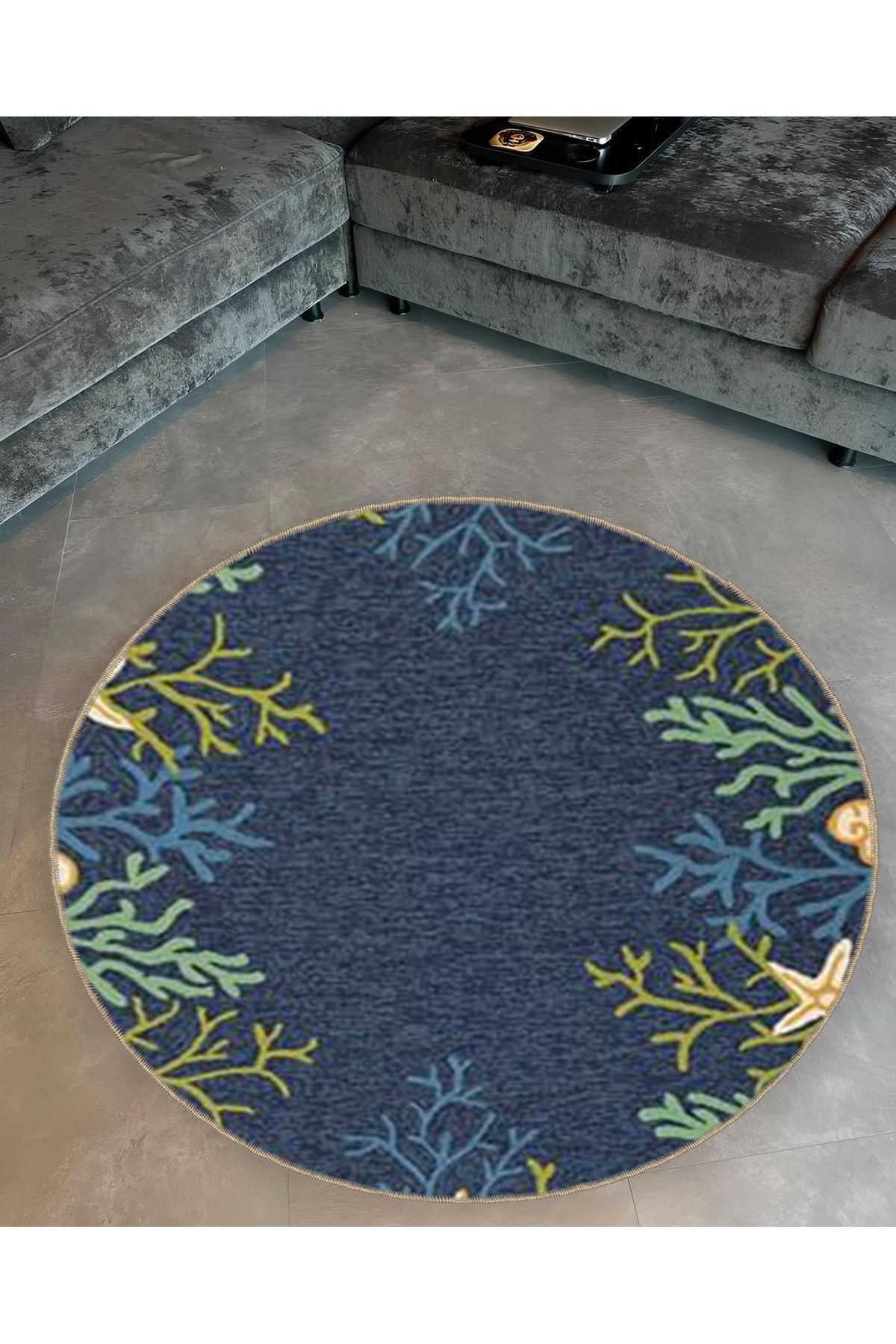 Mira Yuvarlak Mavi Yeşil Mercan Detaylı Dokuma Taban Modern Dekoratif Halı 5560