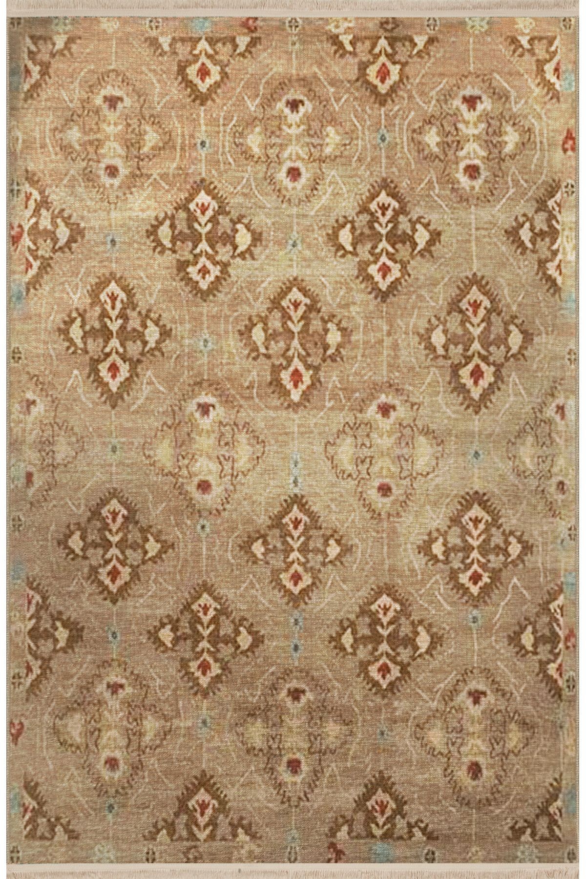 Kahverengi Temalı Geleneksel Motif Desenli Saçaklı Vintage Dekoratif Halı 3197