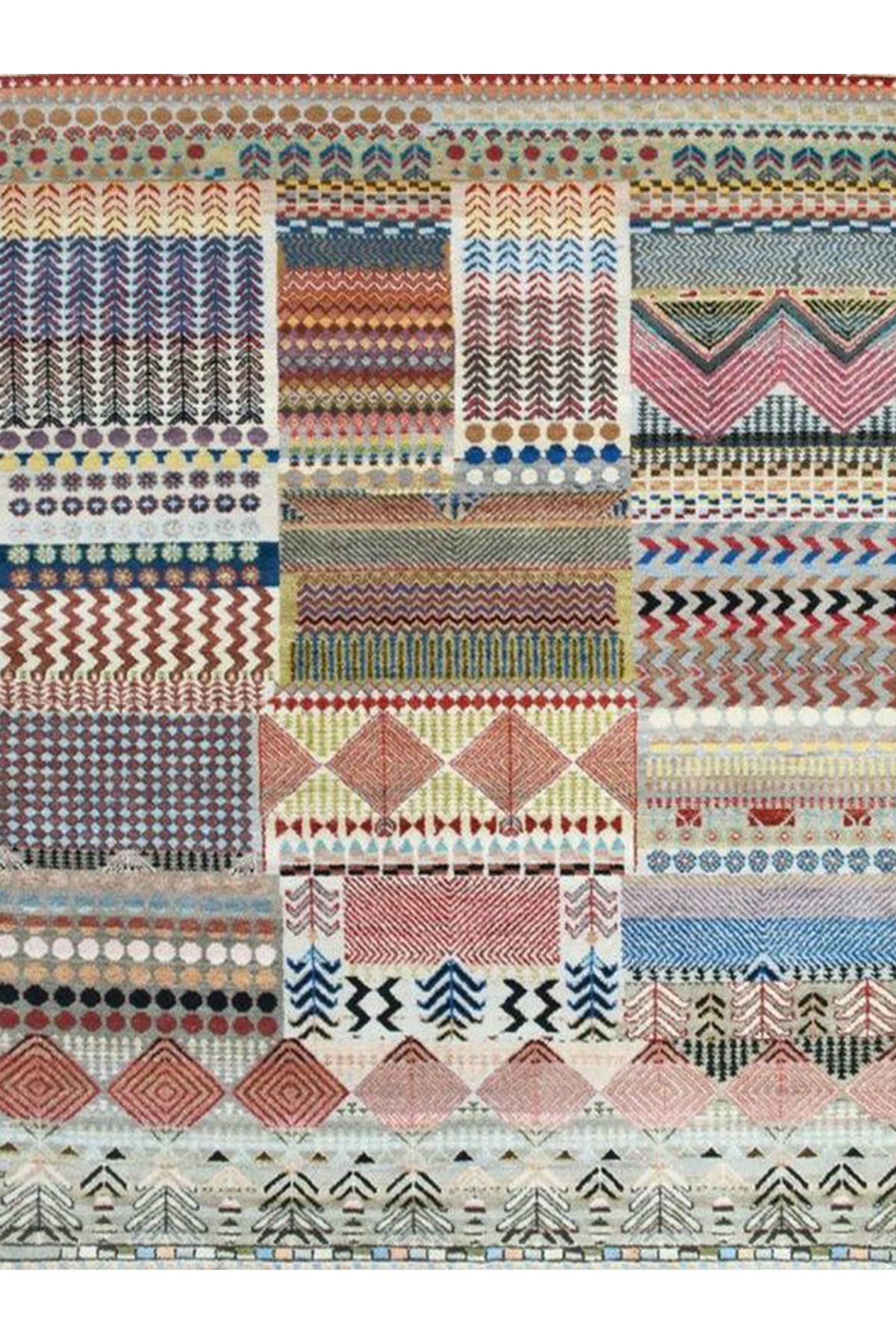 Barcelona Koleksiyonu Çok Renkli Karma Geometrik Motifler Desenli Vintage Dekoratif Halı 32