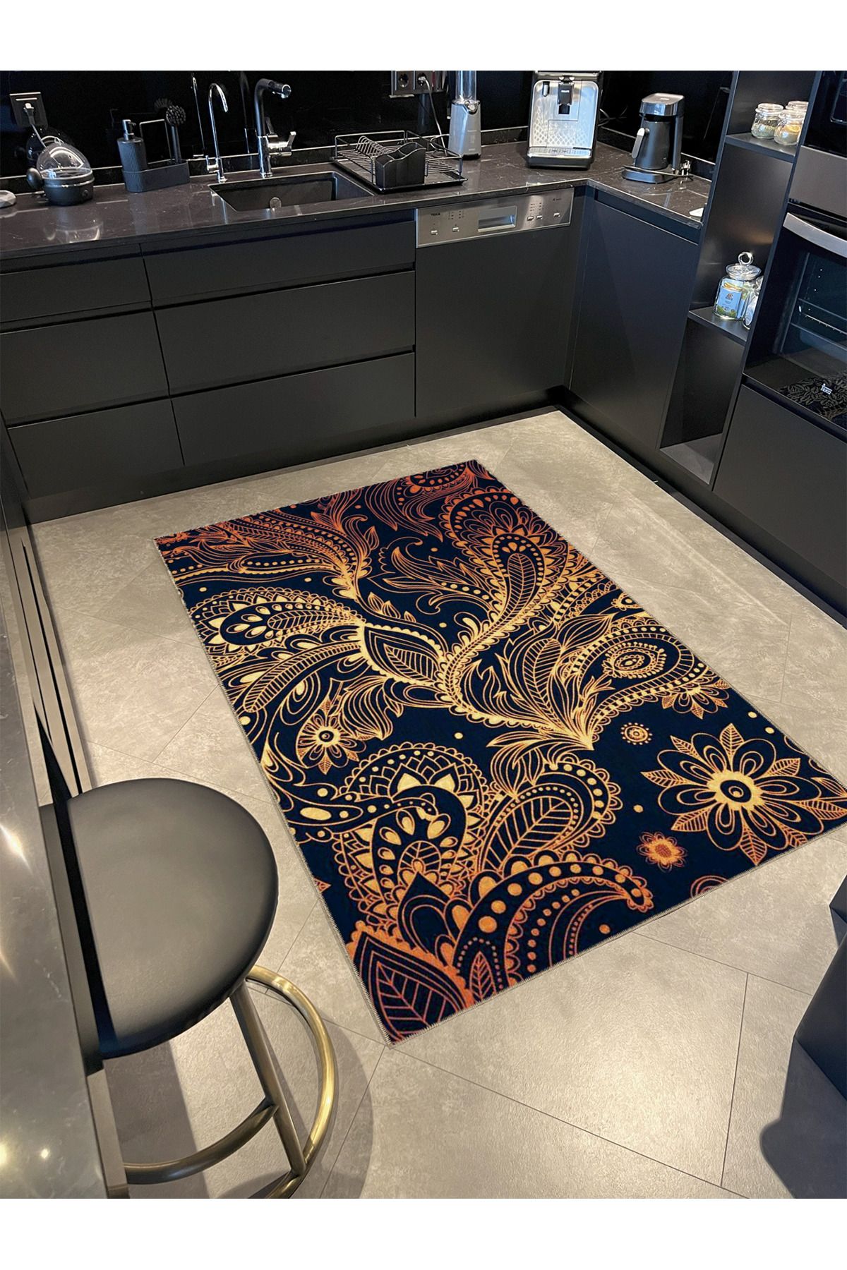 Lacivert Sarı Temalı Floral Soyut Figür Desenli Modern Dekoratif Halı 4819