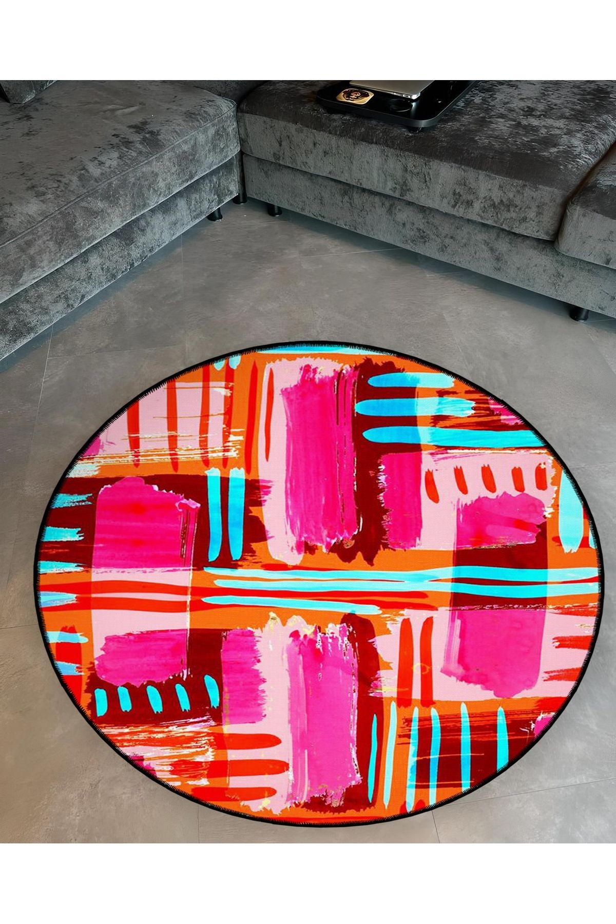 Pembe Temalı Soyut Geometrik Desenli Yuvarlak Dokuma Taban Modern Dekoratif Halı 6101