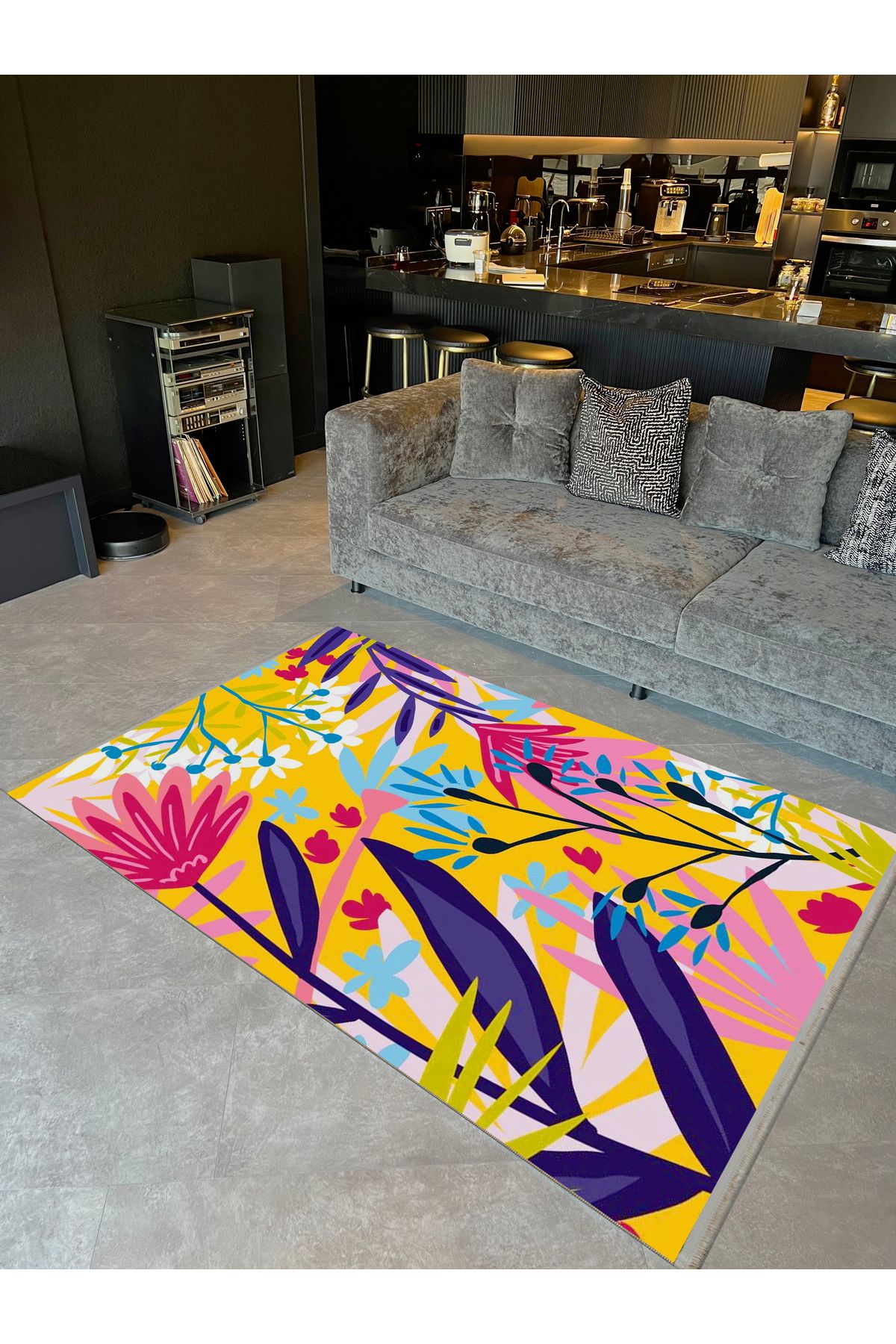 Özge Koleksiyonu Çok Renkli Çiçekler ve Yapraklar Desenli Modern Dekoratif Halı özge07