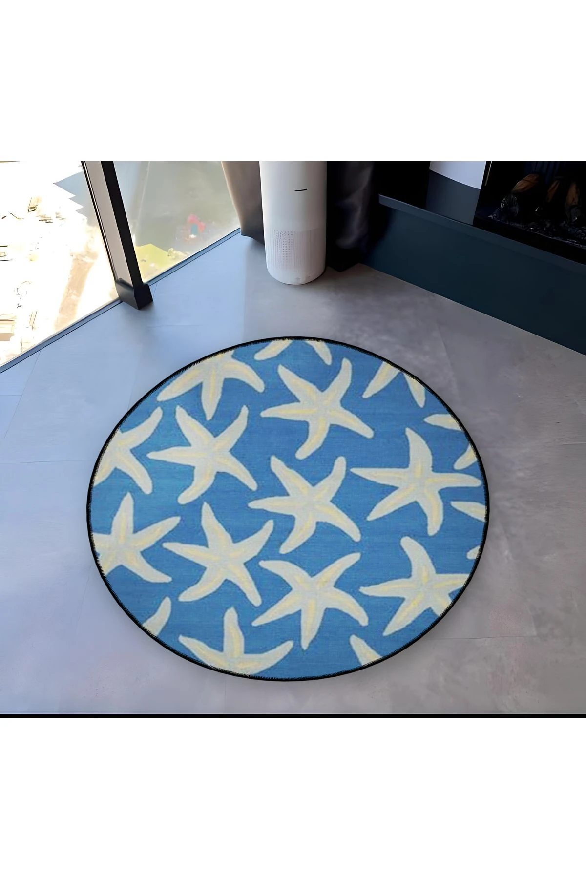 Mira Yuvarlak Mavi Deniz Yıldızı Detaylı Dokuma Taban Modern Dekoratif Halı 5545