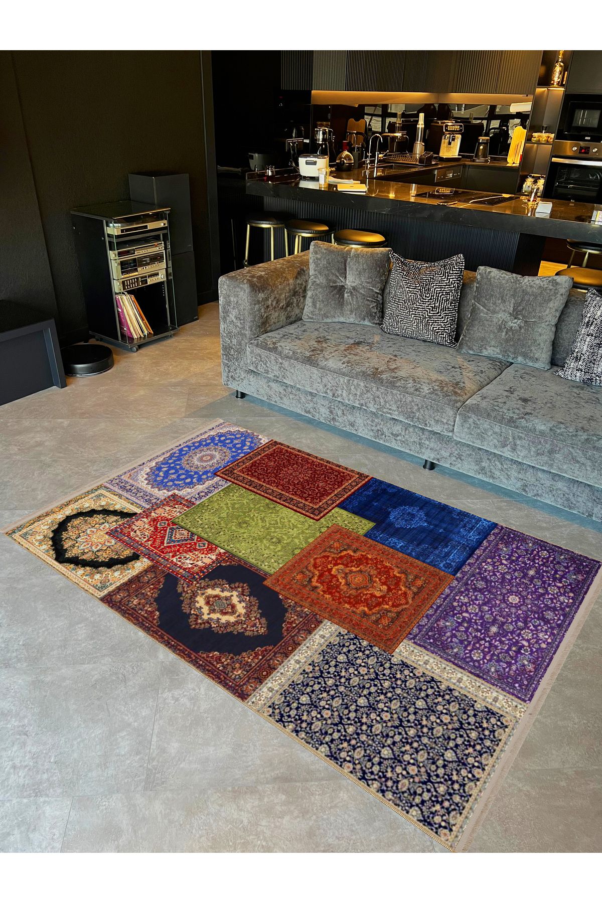 Kuvars Koleksiyonu Çok Renkli Etnik Vintage Desenli Dokuma Taban Geleneksel Dekoratif Halı 04