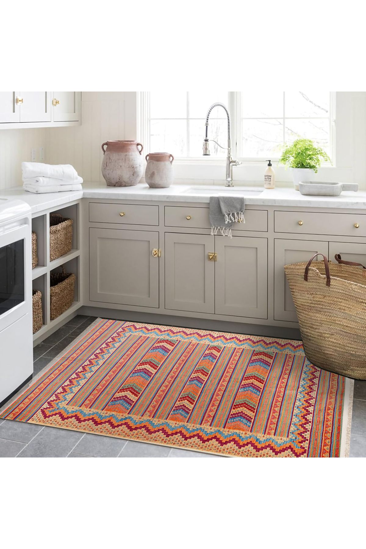 Güney Koleksiyonu Çok Renkli Karma Geometrik Motifler Desenli Vintage Dekoratif Halı 26