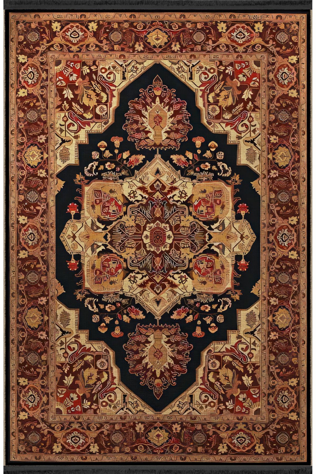 Siyah Bej Temalı Geleneksel Motif Etnik Çiçek Desenli Kreatif Vintage Dekoratif Halı 2420
