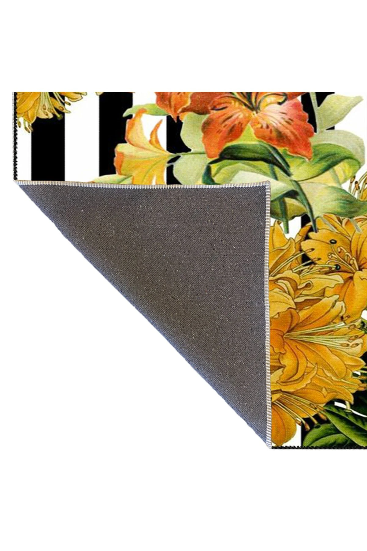 Siyah Beyaz Çizgili Çiçekli Geometrik Desenli Modern Dekoratif Halı miravip235