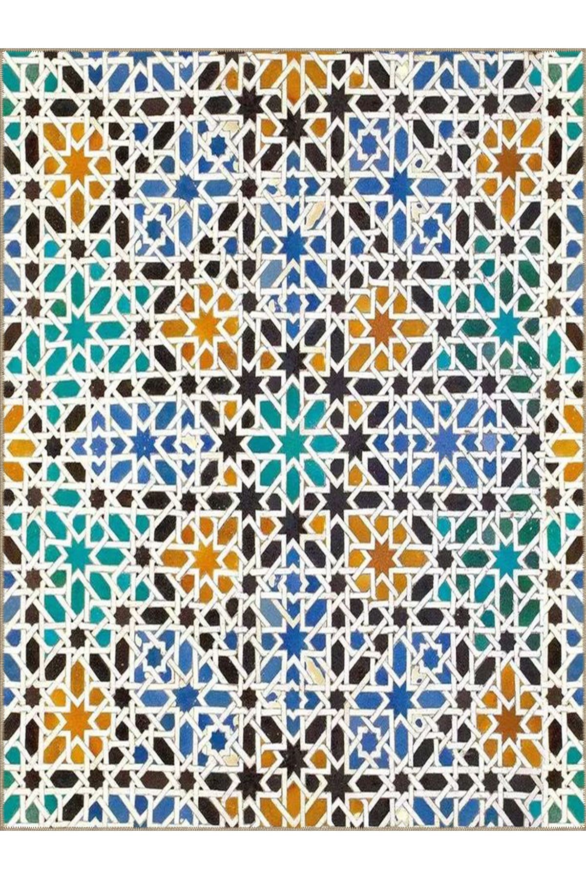 Semih Koleksiyonu Çok Renkli Yıldız Geometrik Şekiller Desenli Dokuma Taban Modern Dekoratif Halı 39