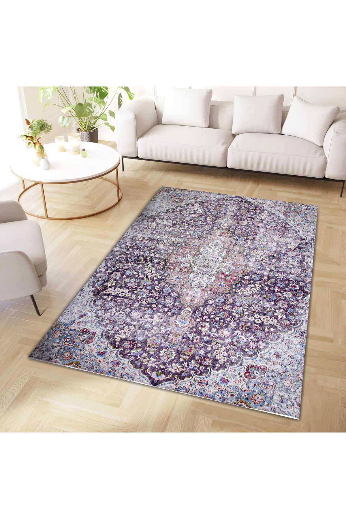 Mete Koleksiyonu Mor Tonlar Geleneksel Motif ve Çiçek Desenli Vintage Dekoratif Halı 46