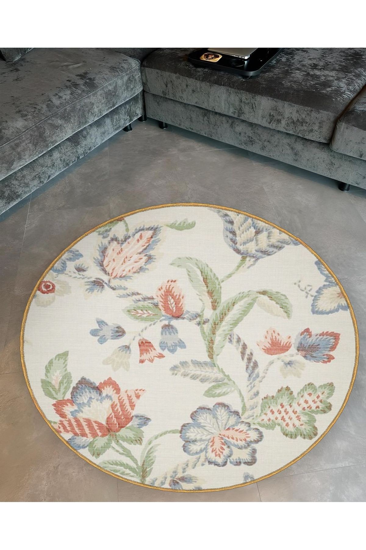 Açık Ton Floral Çiçek Desenli Yuvarlak Dokuma Taban Modern Dekoratif Halı 6097