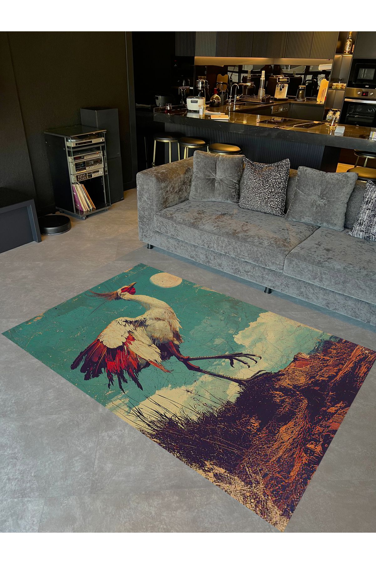 Güneş Koleksiyonu Eskitme Görünümlü Kuş Desenli Dokuma Taban Modern Dekoratif Halı güneş27