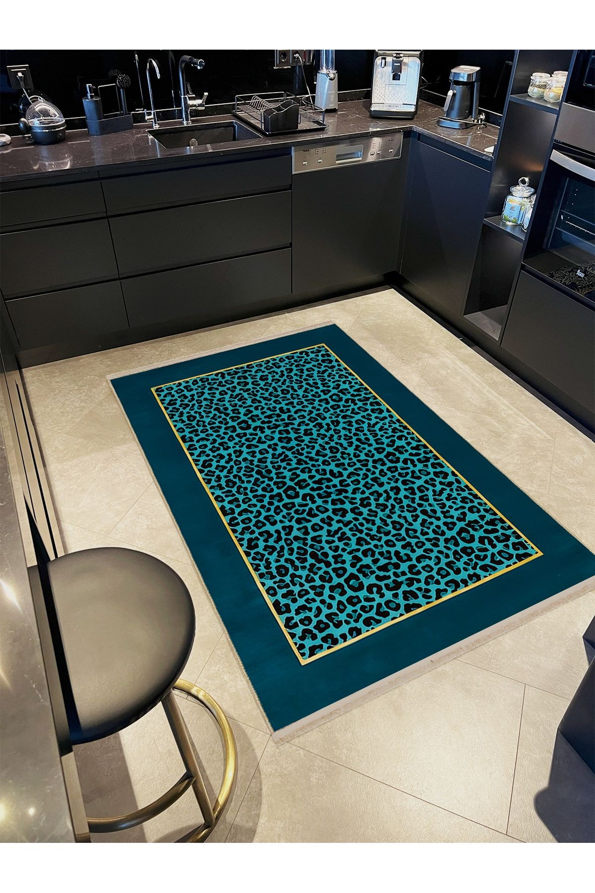 Milano Serisi Mavi Yeşil  Leopar Detaylı Dokuma Taban Modern Dekoratif Halı milano04