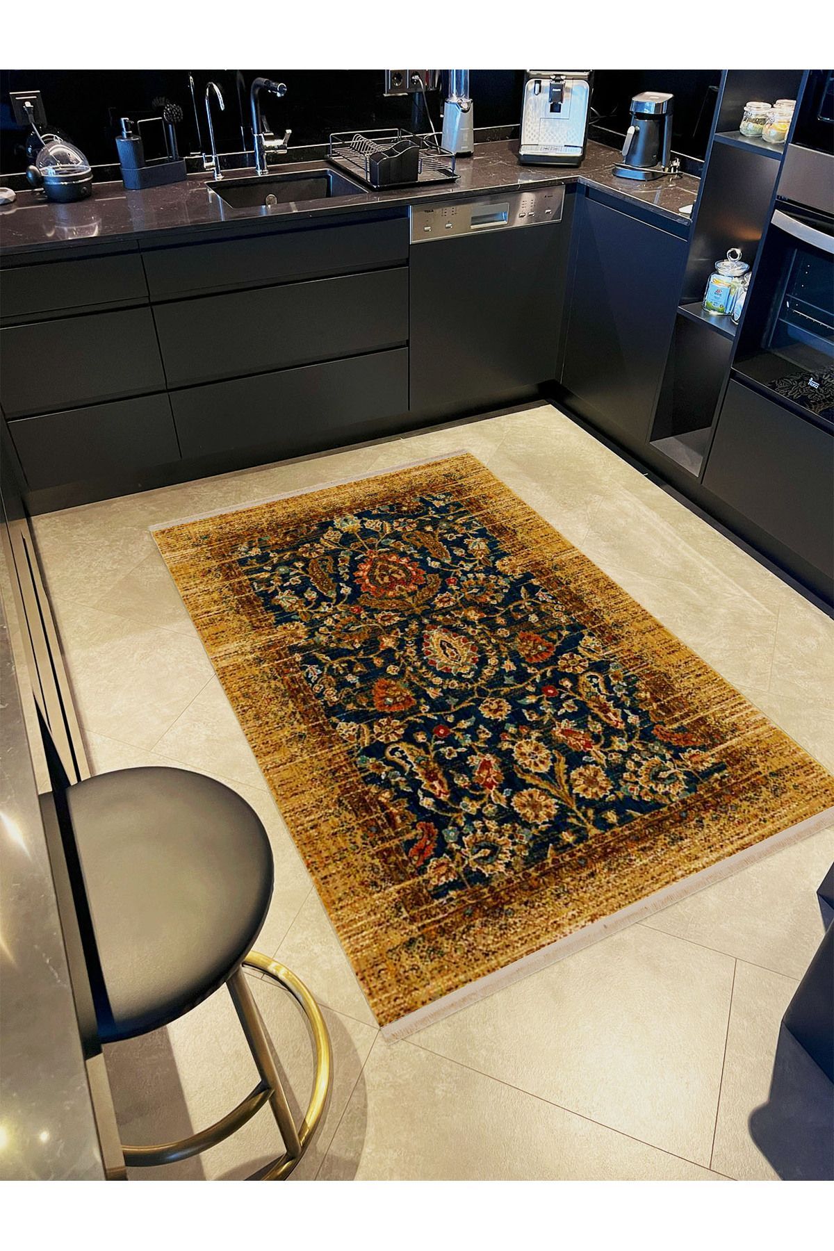 İnci Koleksiyonu Lacivert Tema Çiçekli Geleneksel Desen Dokuma Taban Vintage Dekoratif Halı inci39