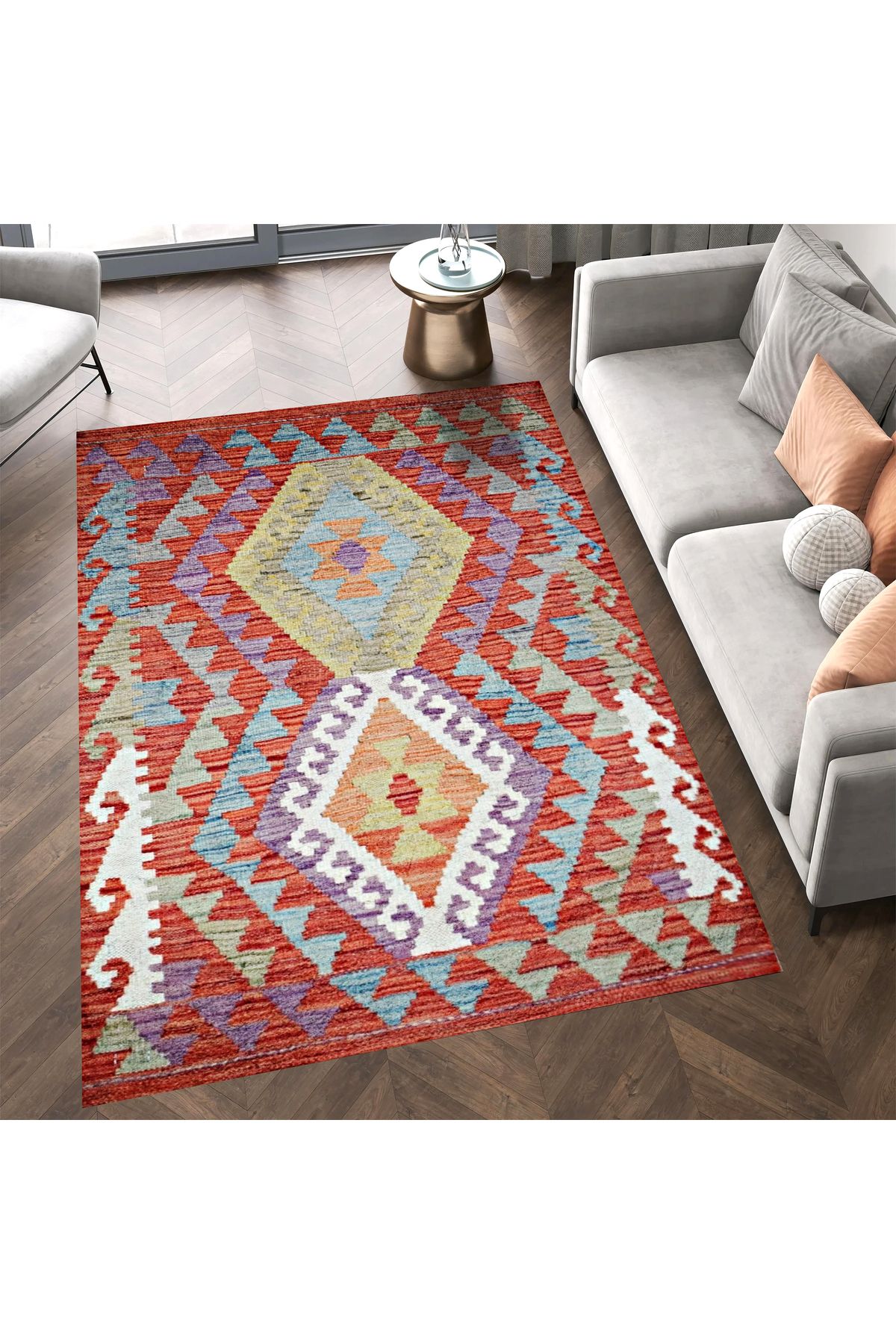 Asena Koleksiyonu Kırmızı Tema Çok Renkli Geometrik Motifler Desenli Vintage Dekoratif Halı 18