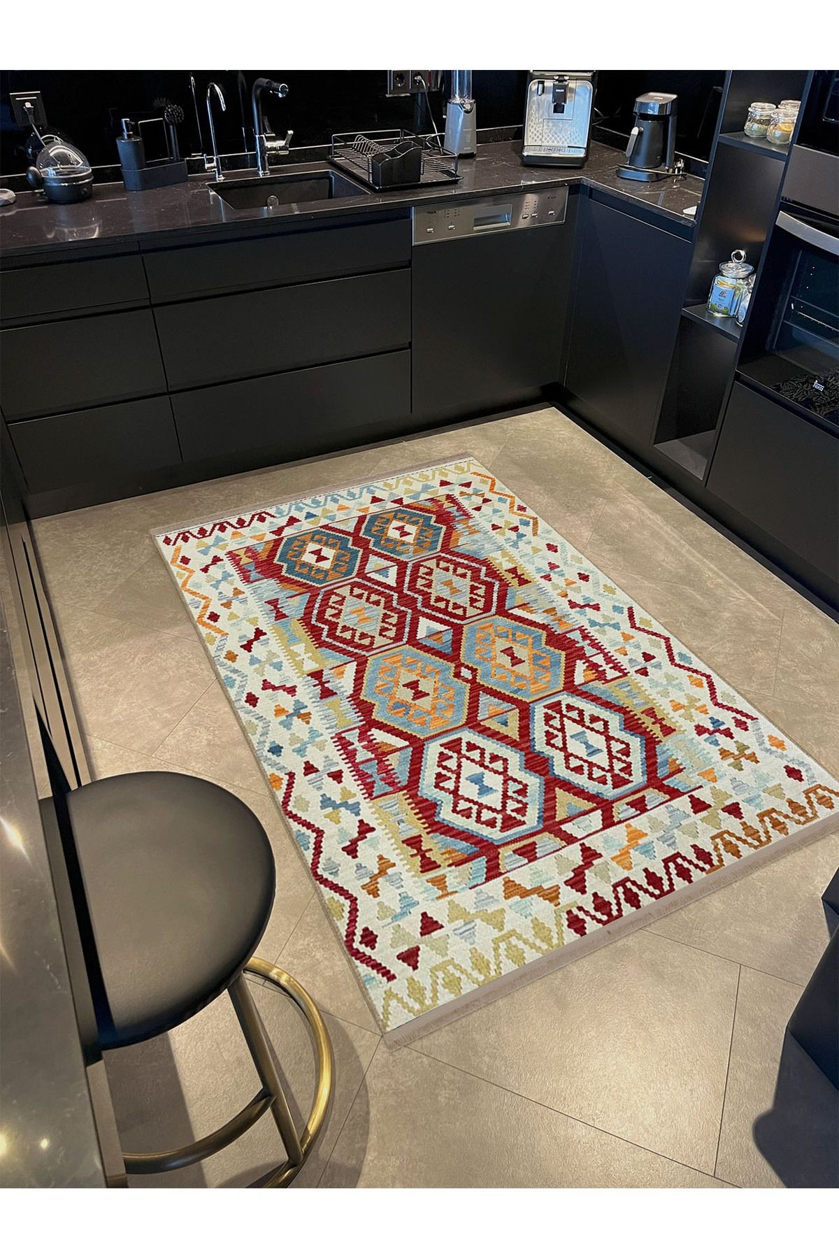 Emre Koleksiyonu Renkli Geometrik ve Etnik Motifler Desenli Dokuma Taban Vintage Dekoratif Halı 16