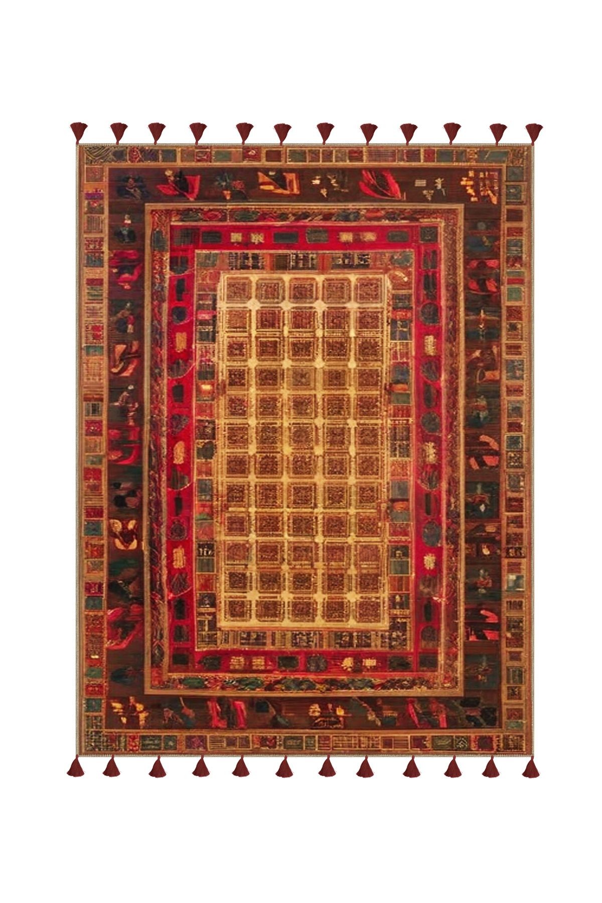 Royal Soyut Geometrik Şekiller Desenli Püskül Detaylı Dokuma Taban Dekoratif Halı royal40