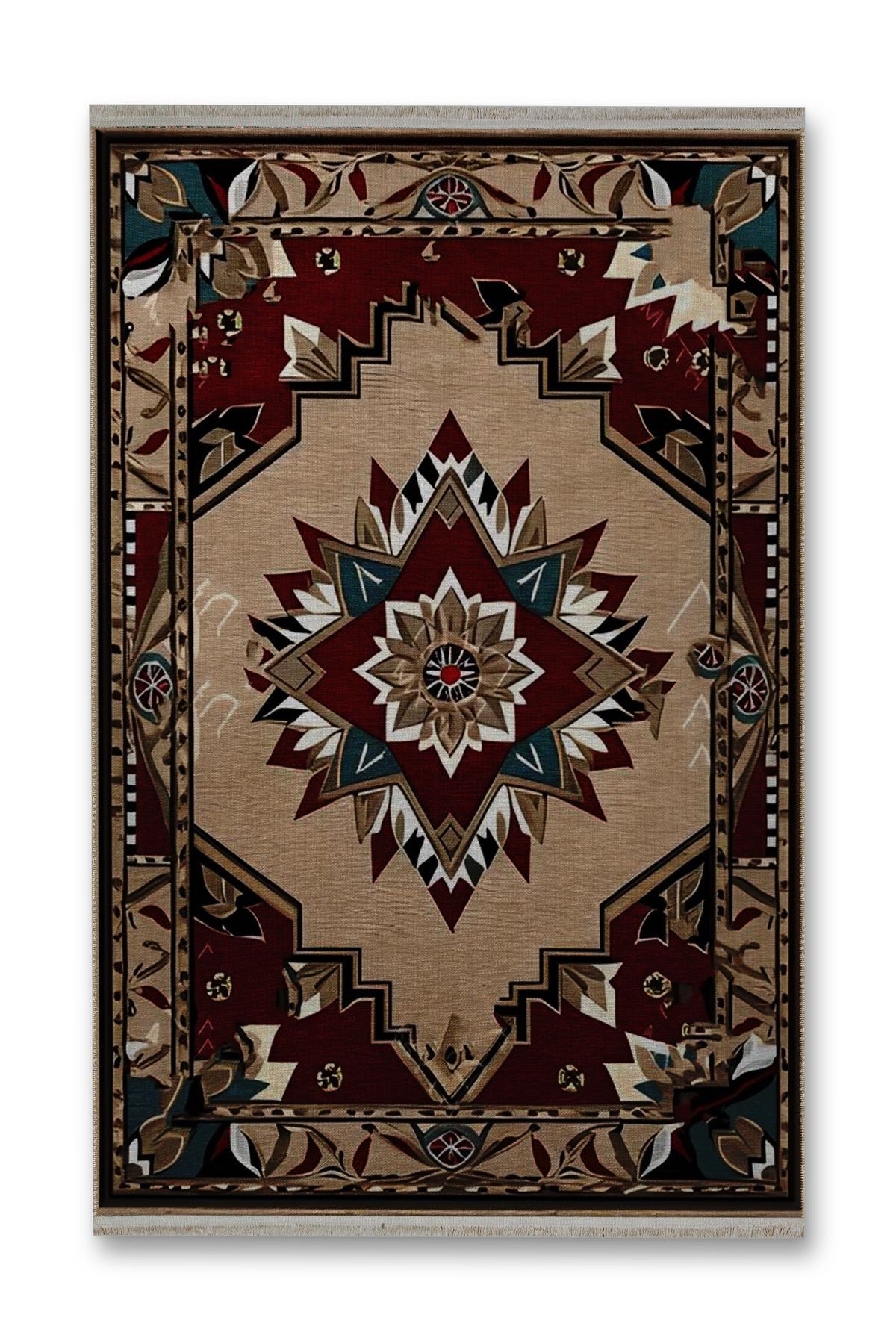 Bej Antik Tasarım Serisi Bordo ve Yeşil Detaylı Desenli Vintage Dekoratif Halı antik30