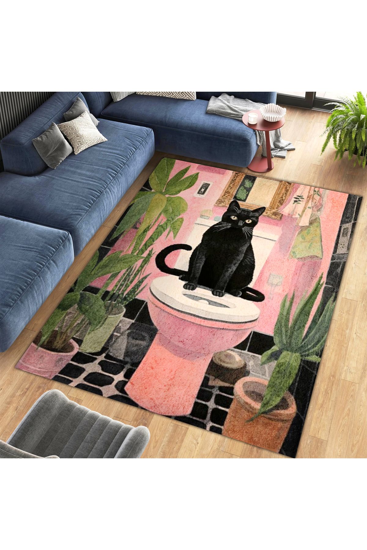 Kuzey Koleksiyonu Pembe Banyoda Siyah Kedi Desenli Dokuma Taban Dekoratif Halı Kuzey29