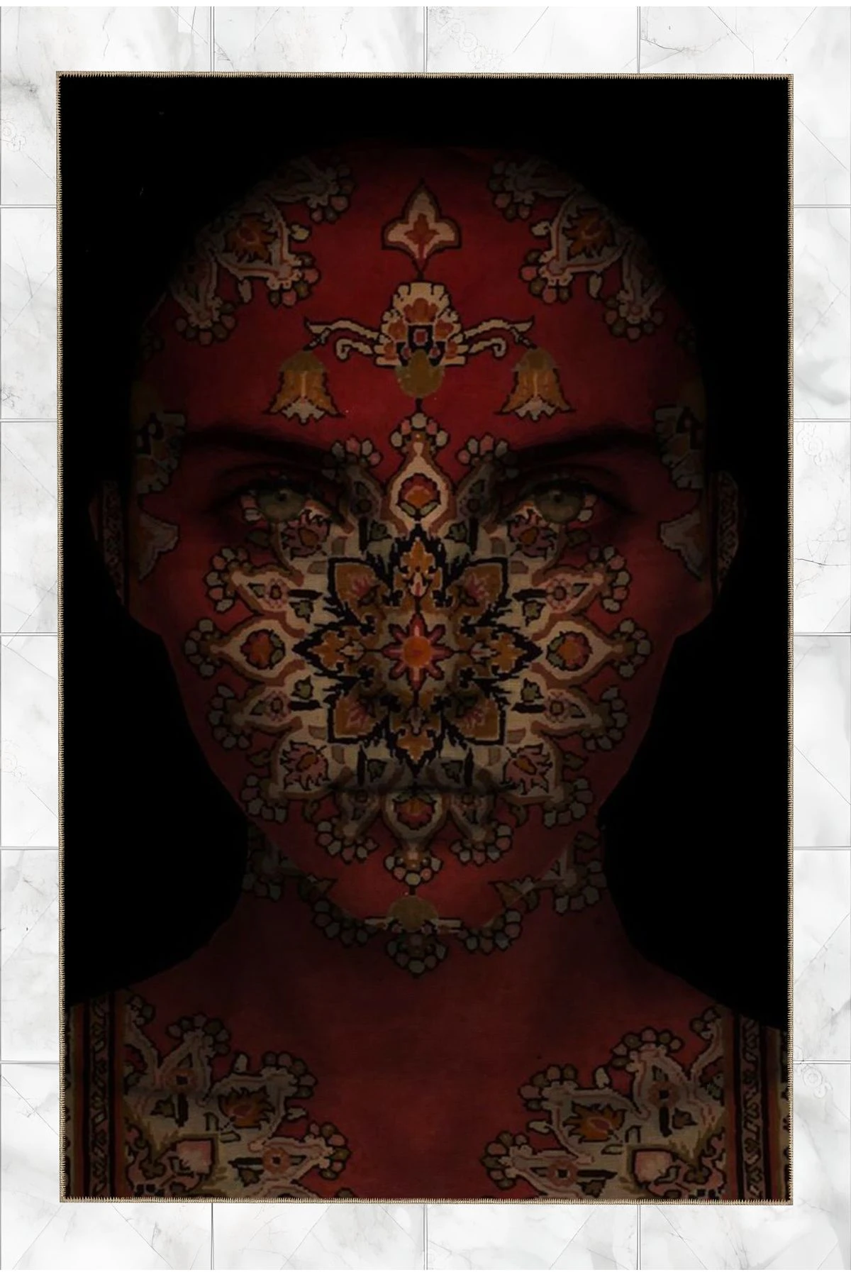 Bordo Temalı Etnik Motifli Kadın Portre Desenli Vintage Dekoratif Halı 5156