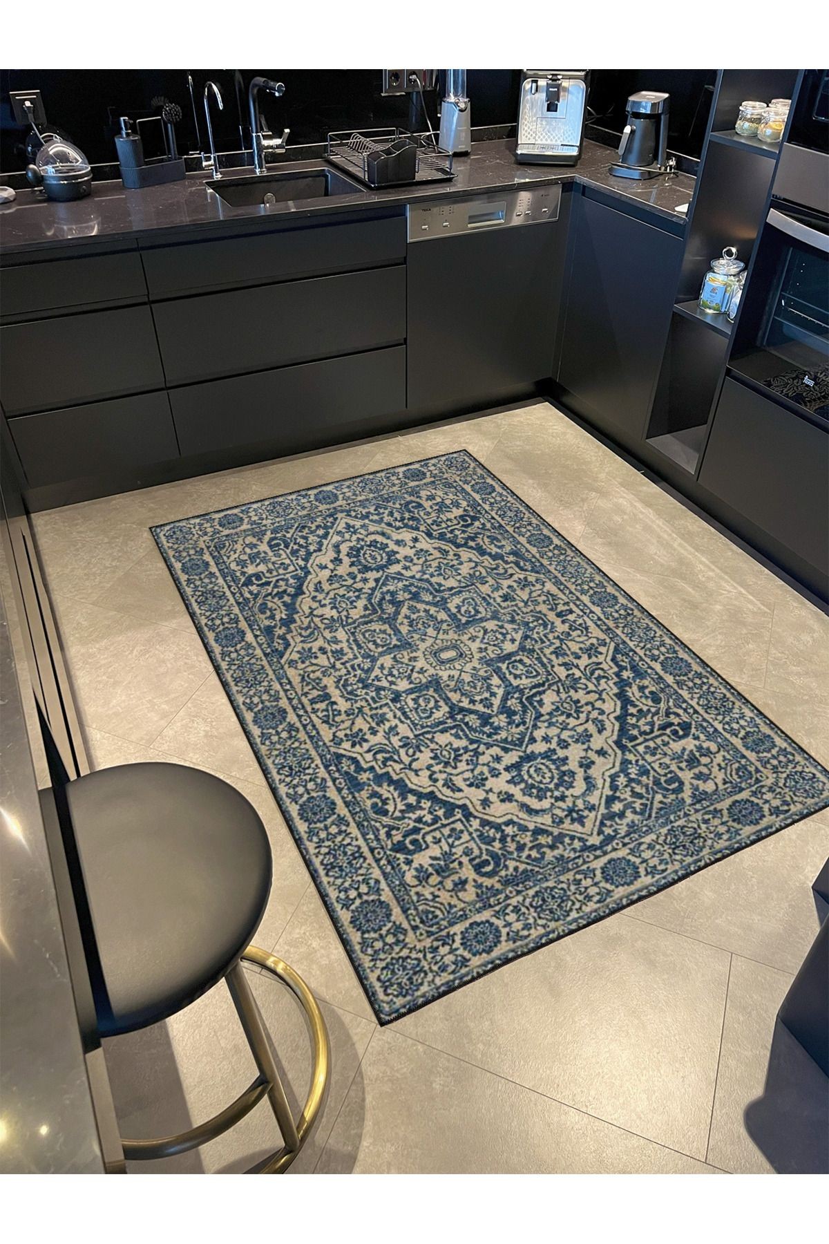 Bordürlü Kapalı Mavi Modern Desenli Dokuma Taban Halı ve Yıkanabilir Halı aloha178