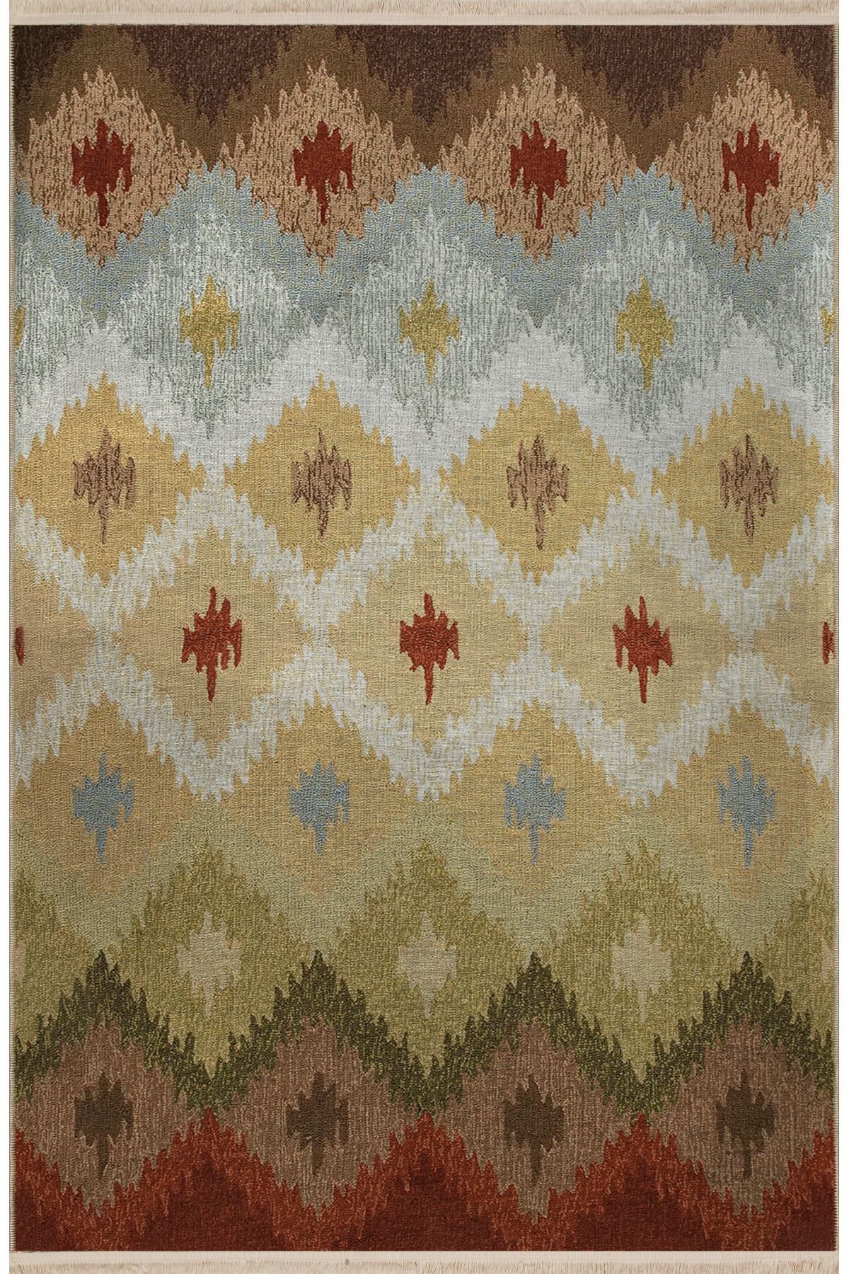 Krem Bej Temalı Motifli Geometrik Desenli Saçaklı Vintage Dekoratif Halı 3118