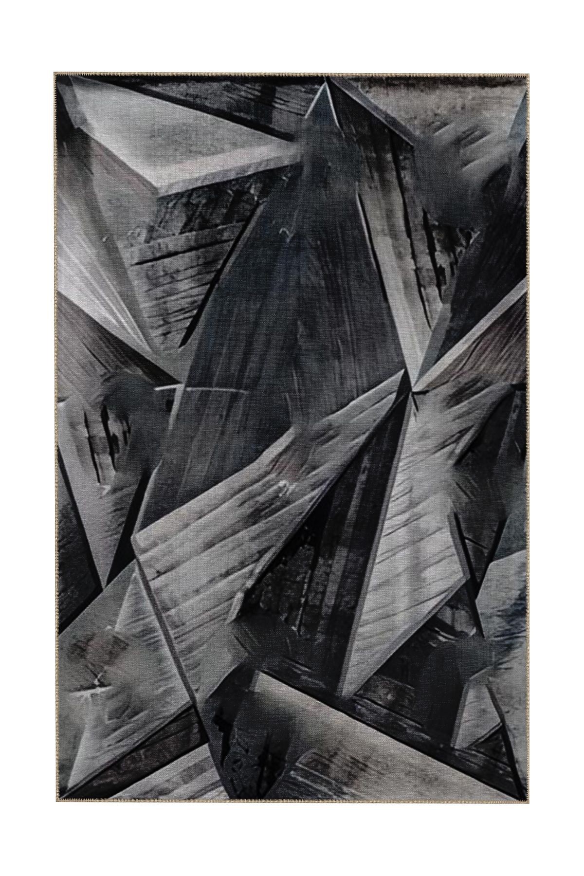 Siyah Gri Temalı Soyut Geometrik Desenli Kreatif Modern Dekoratif Halı 5284