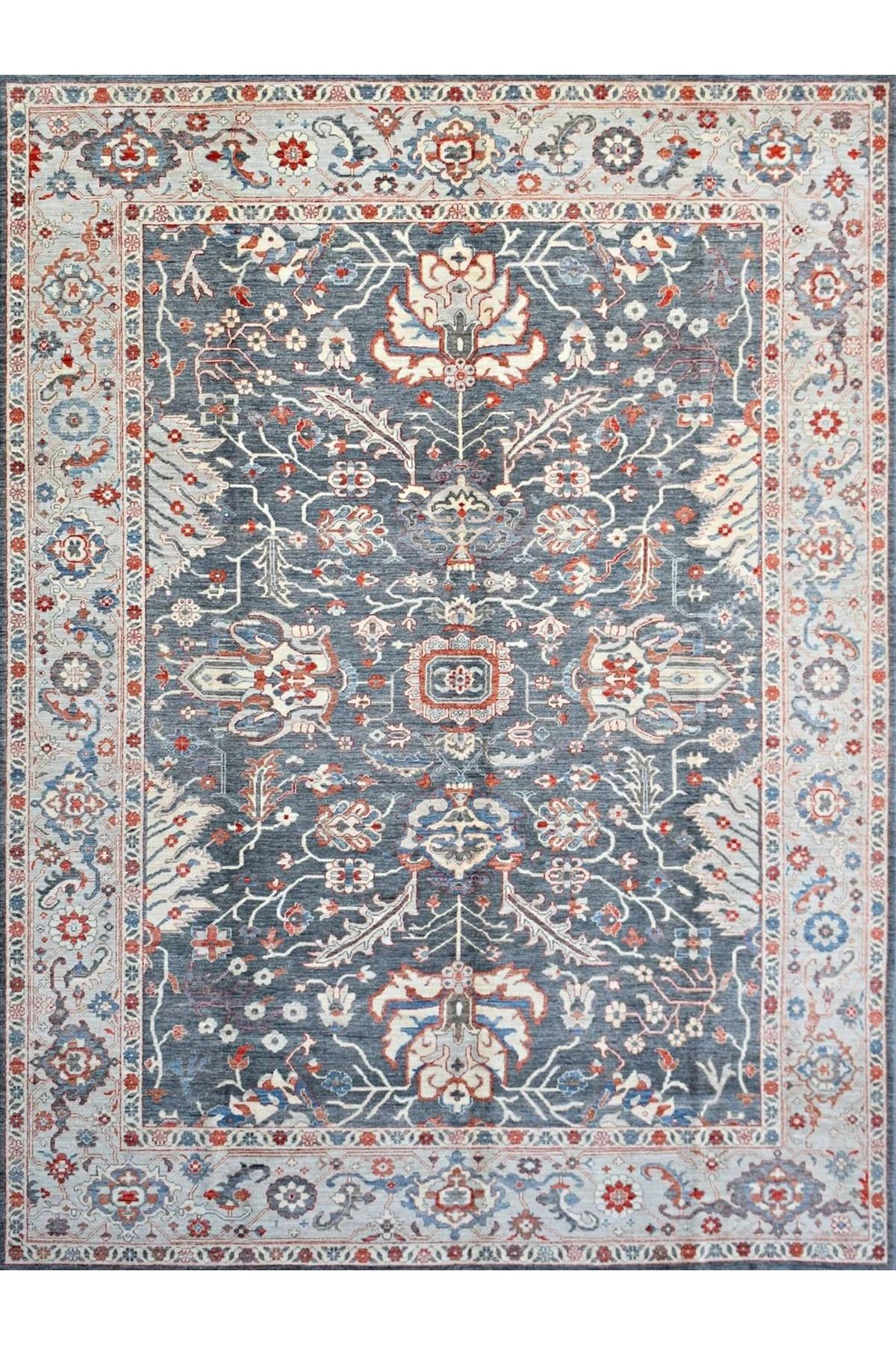 Mete Koleksiyonu Gri Bej Temalı Geleneksel Motifler ve Çiçek Desenli Vintage Dekoratif Halı 38