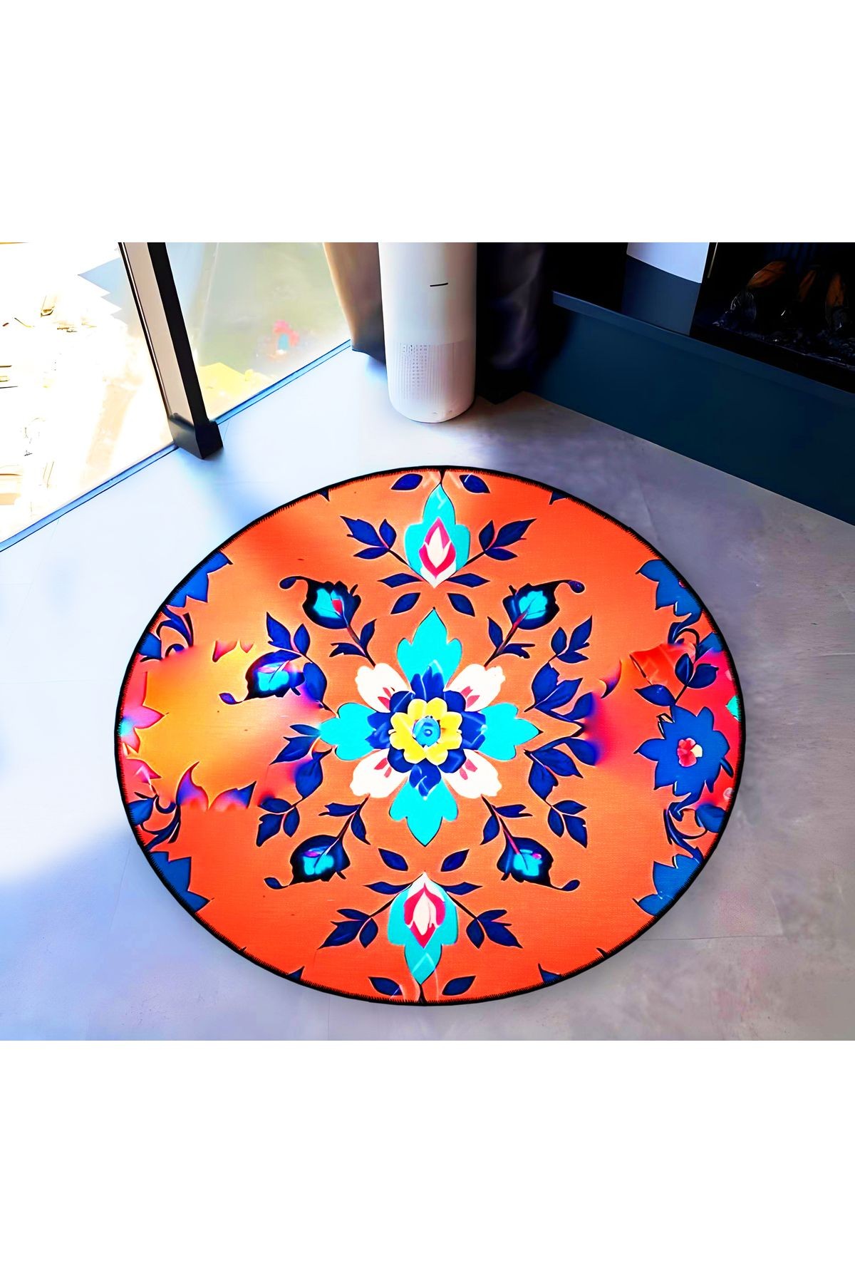Mira Yuvarlak Turuncu Mavi Çiçek Yaprak Desenli Dokuma Taban Modern Dekoratif Halı 5711