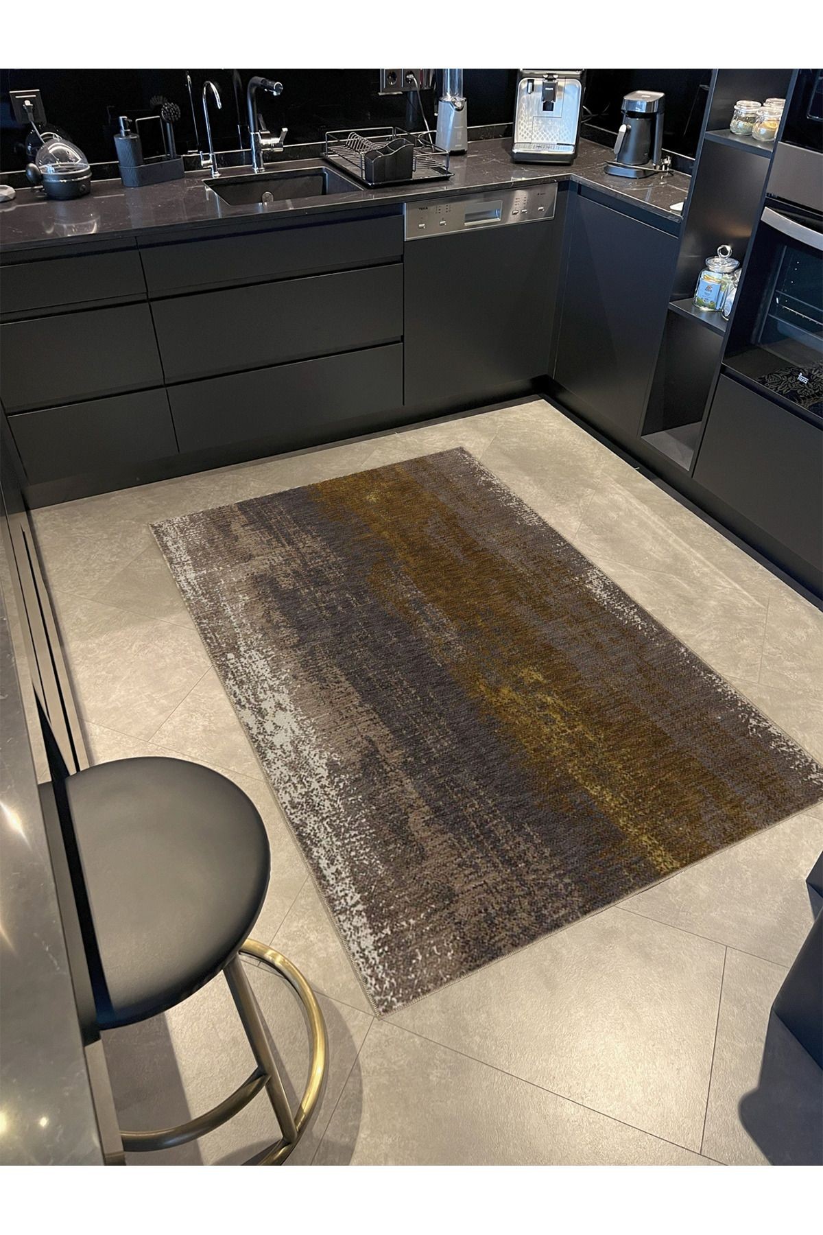 Kahvve Gri Temalı Soyut Desenli Kreatif Modern Dekoratif Halı 3983