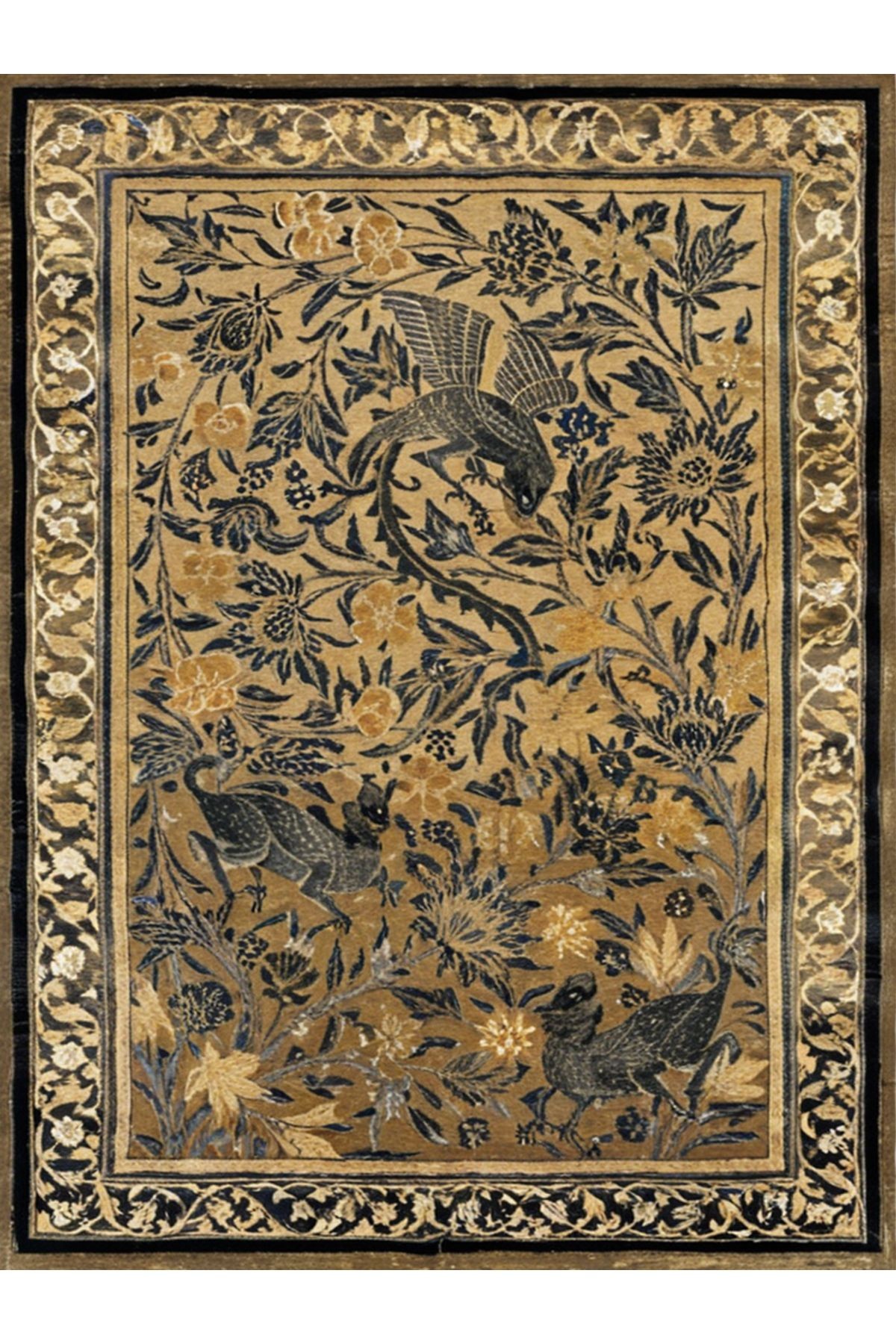 Tokyo Koleksiyonu Bej Gri Tonlar Çiçekler ve Kuşlar Desenli Dokuma Taban Vintage Dekoratif Halı 09