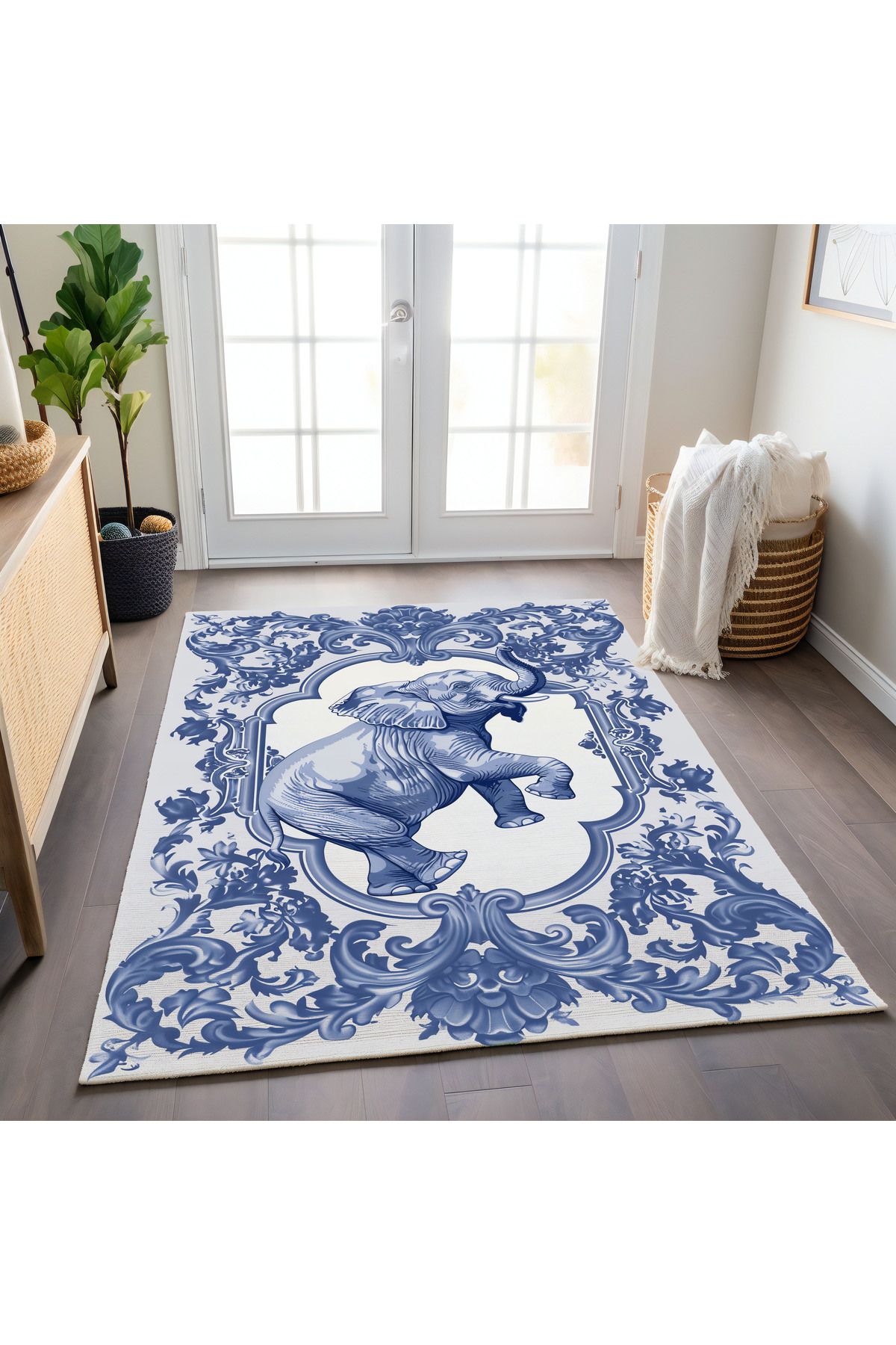 Paris Koleksiyonu Blue Blanc Fil Detaylı Desenli Modern Dekoratif Halı paris14