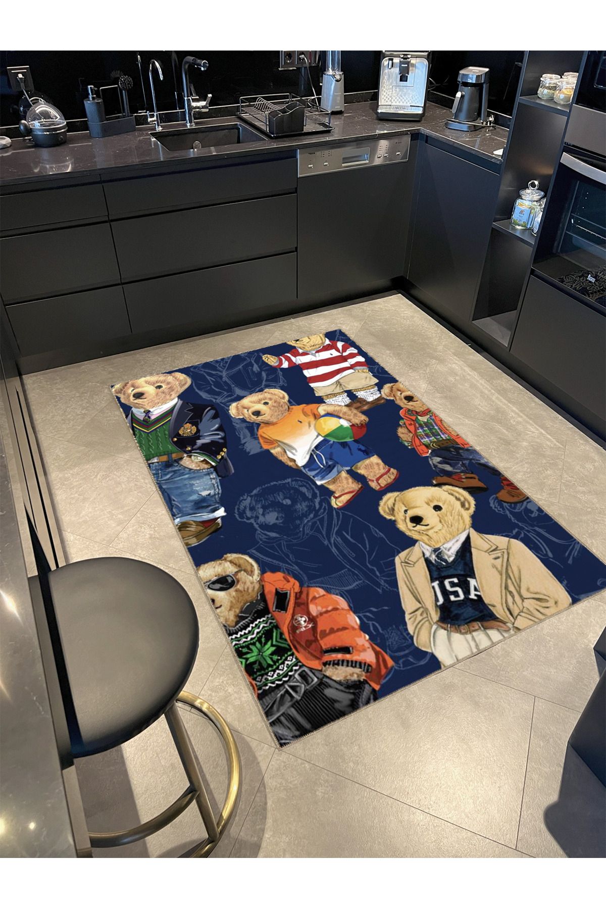 Lacivert Temalı Teddy Bear Ayıcık Desenli Modern Dekoratif Halı 4941