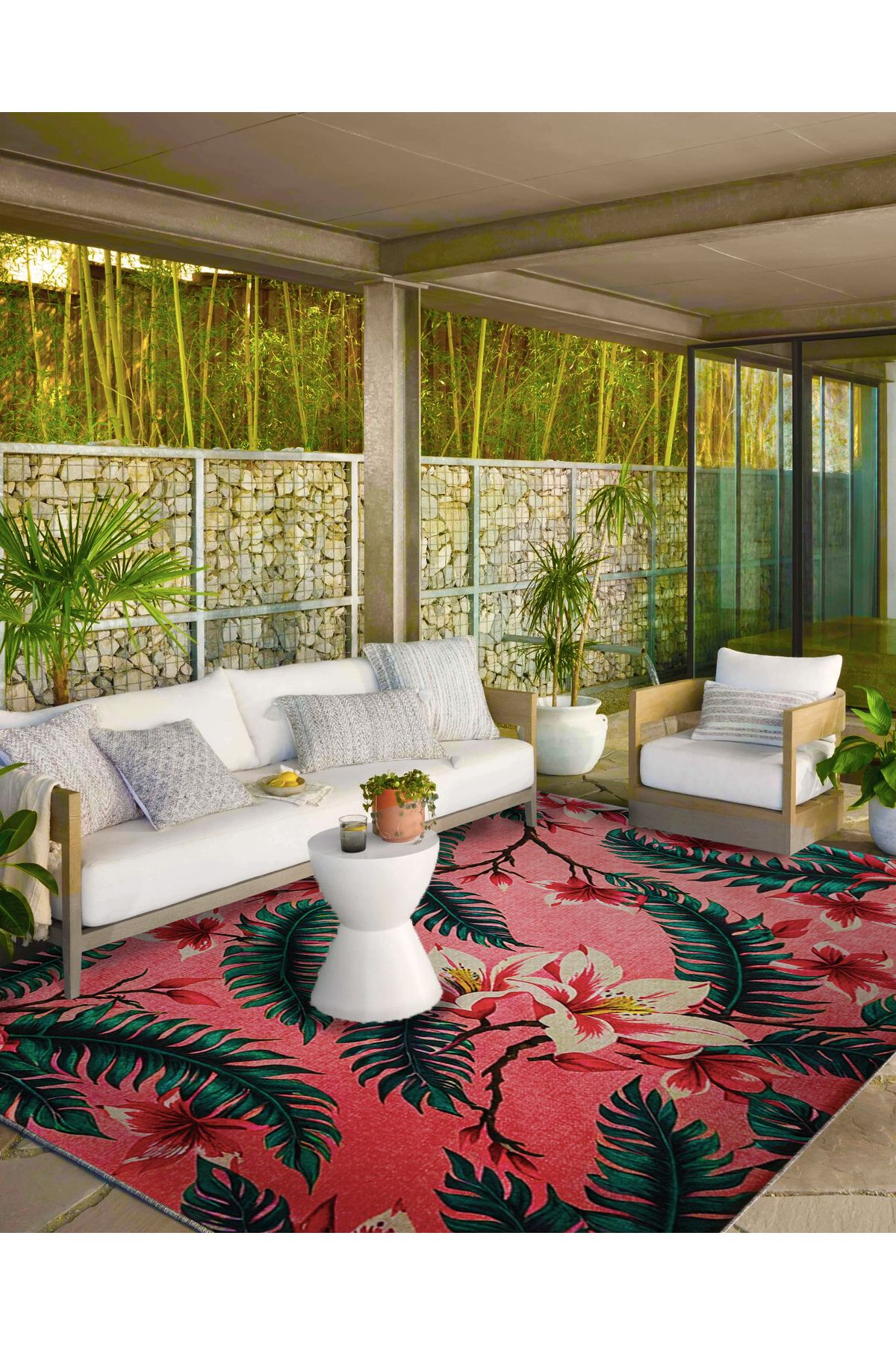 Paris Koleksiyonu Pembe Yeşil Tema Çiçek ve Yaprak Desenli Modern Dekoratif Halı 48