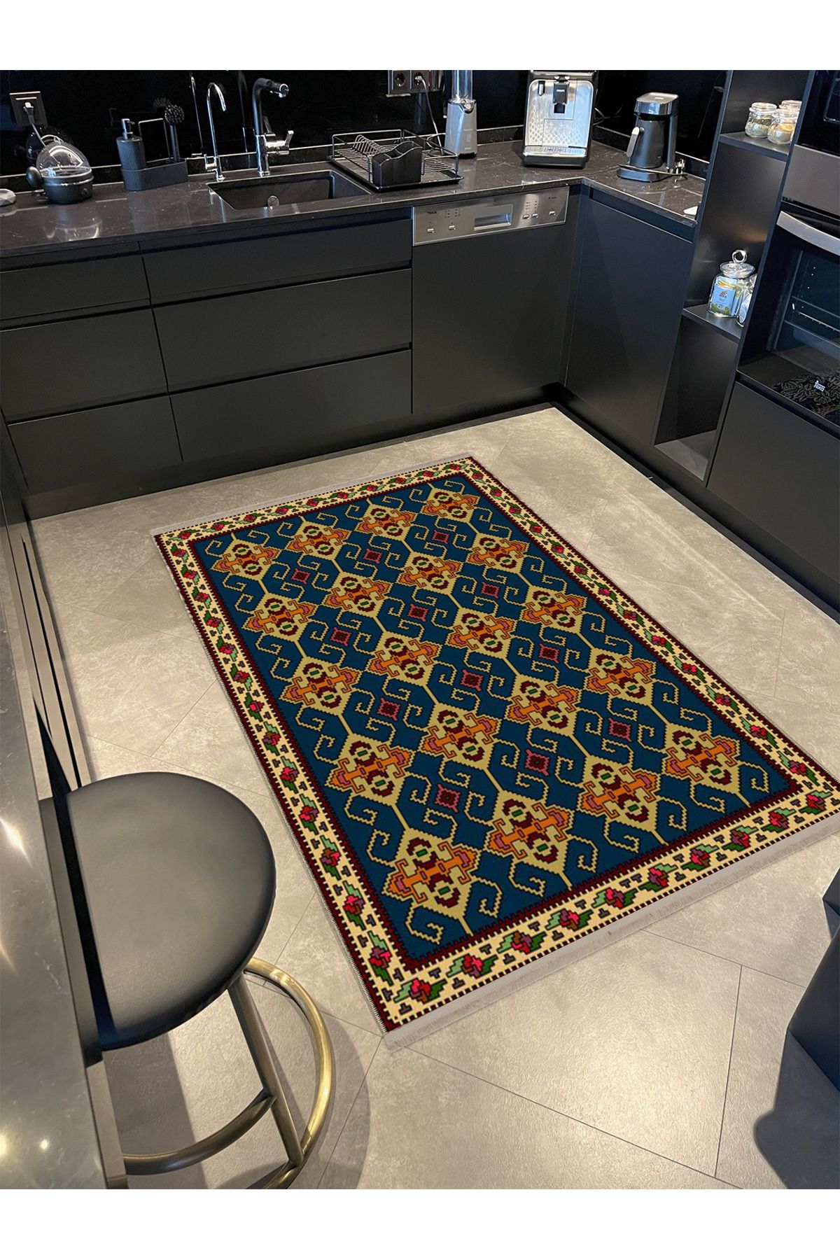 Mavi Sarı Temalı Geleneksel Motif Etnik Desenli Saçaklı Vintage Dekoratif Halı 4645