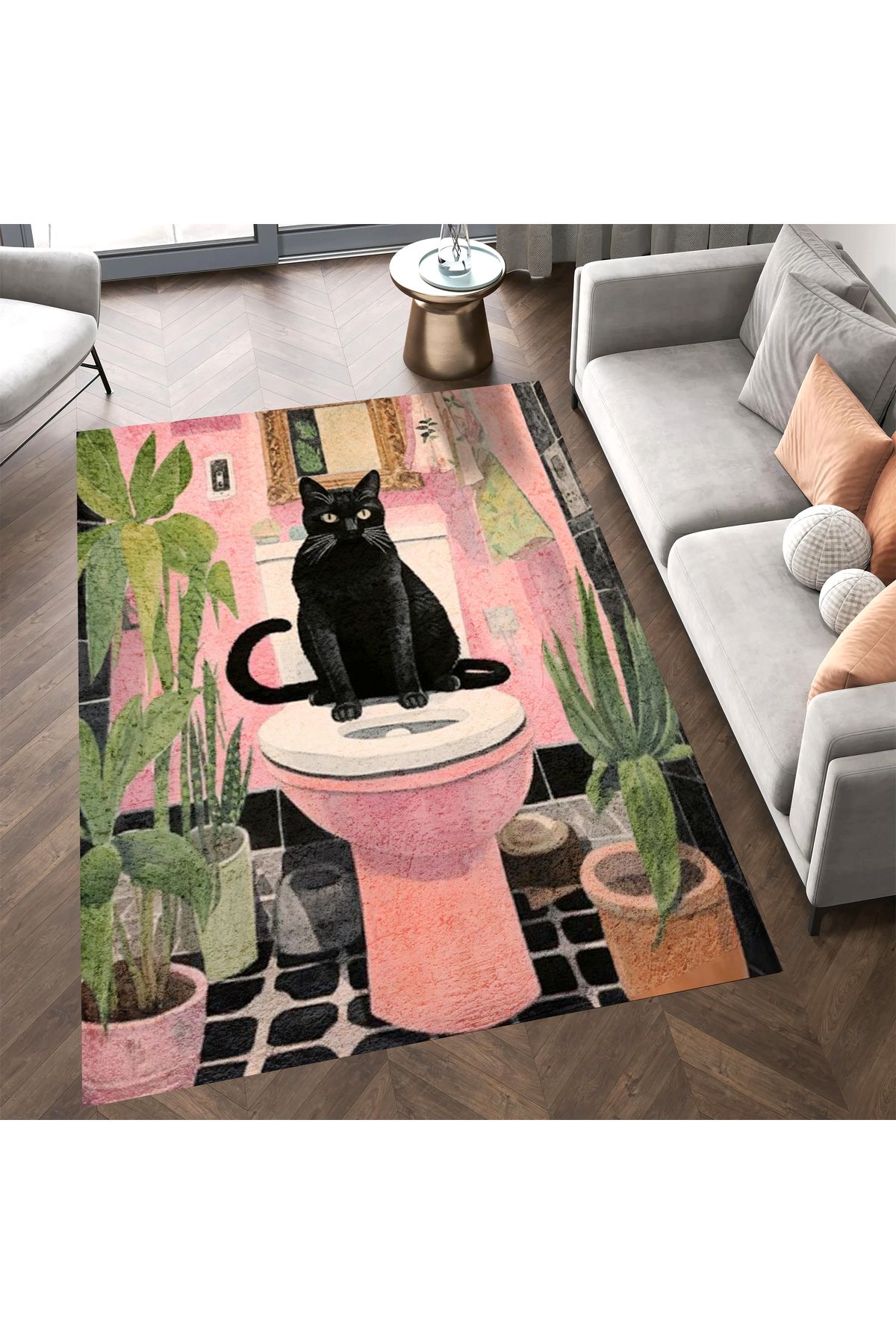 Kuzey Koleksiyonu Pembe Banyoda Siyah Kedi Desenli Dokuma Taban Dekoratif Halı Kuzey29