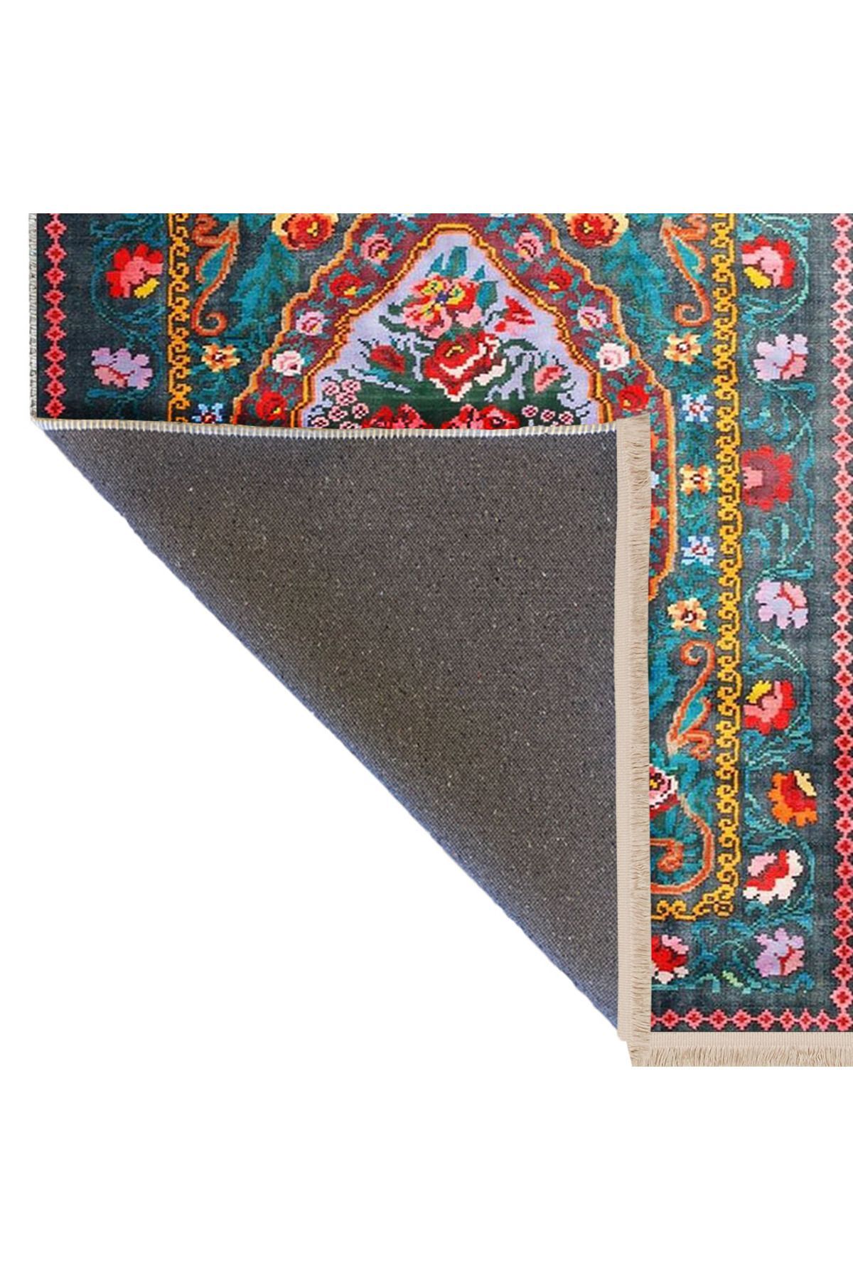 İnci Koleksiyonu Turkuaz Temalı Geleneksel Desenli Dokuma Taban Vintage Dekoratif Halı inci11