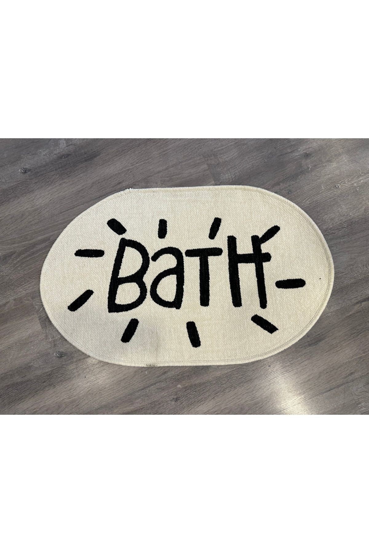 Bath Ekru Oval Siyah Yazılı Dokuma Banyo Paspası 90×57