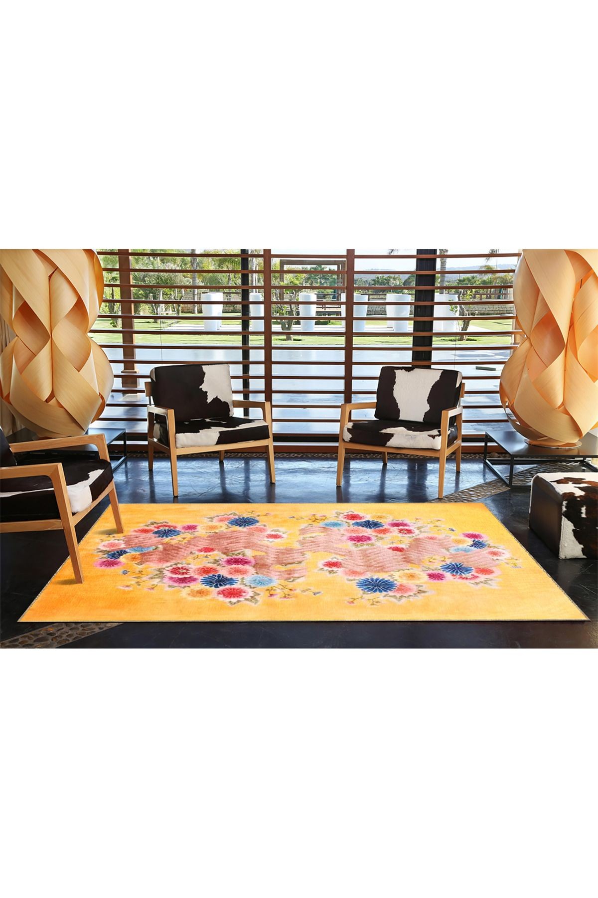 Sarı Temalı Çok Renkli Floral Çiçek Desenli Modern Dekoratif Halı 3493